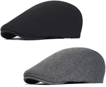 Front view of two Newsboy caps in black and dark gray