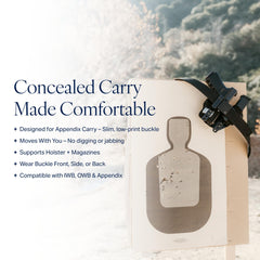 Nexbelt EDC ratchet belt push-button release used for quick, secure adjustments.