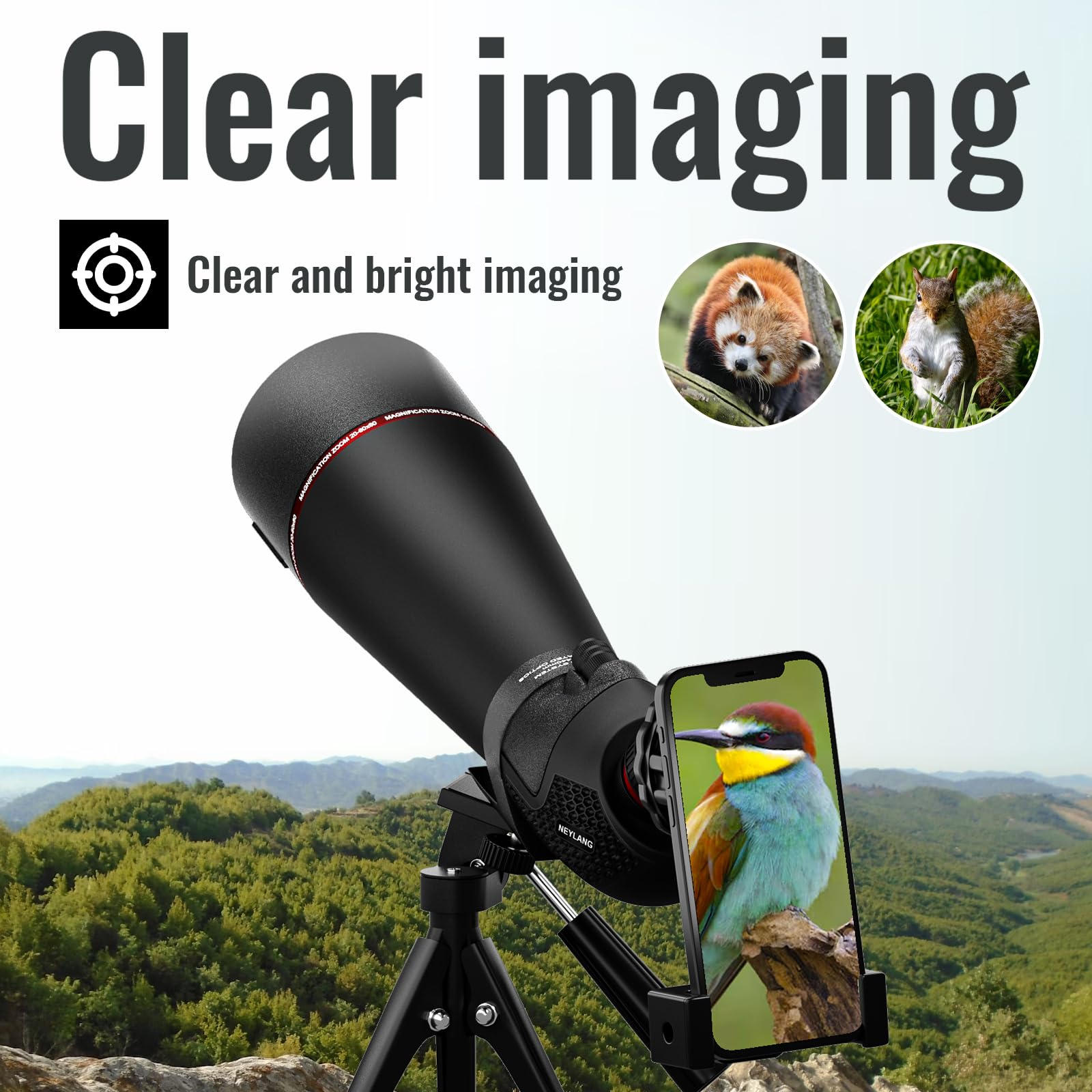 NEYLANG spotting scope 20-60x80 magnification enables close distant observation.