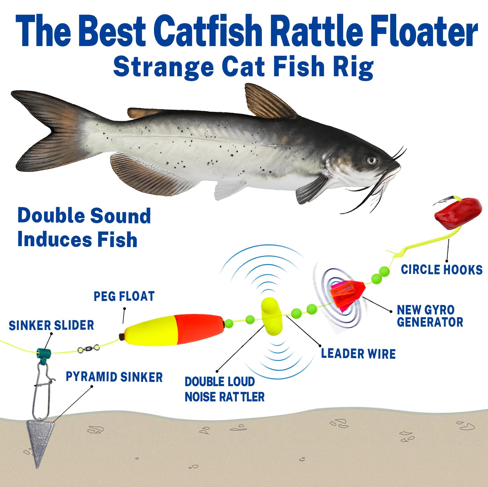 Catfish rig components: hawk-beak hooks, floats, rattles