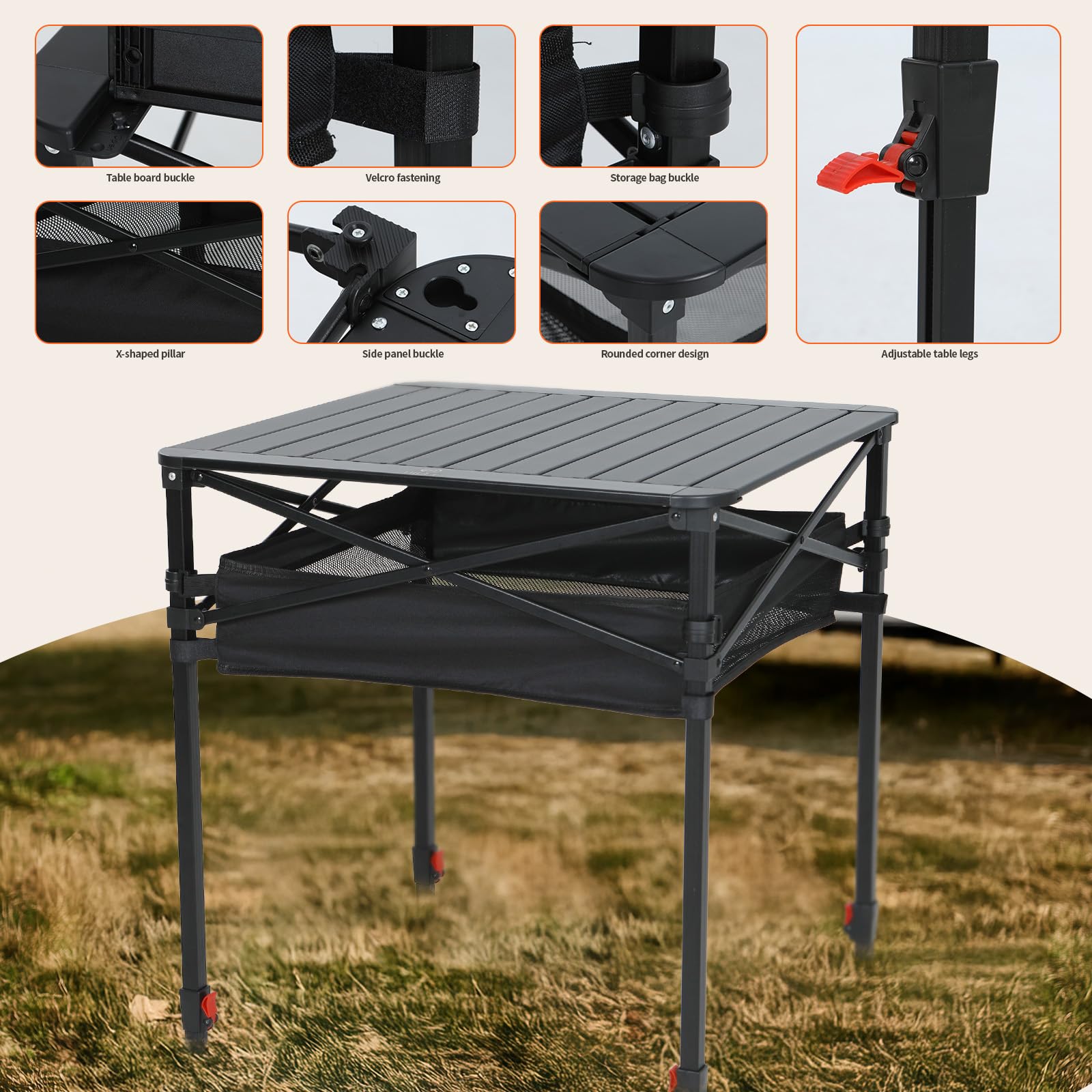 Nice C table with mesh storage keeps utensils and fruits within easy reach