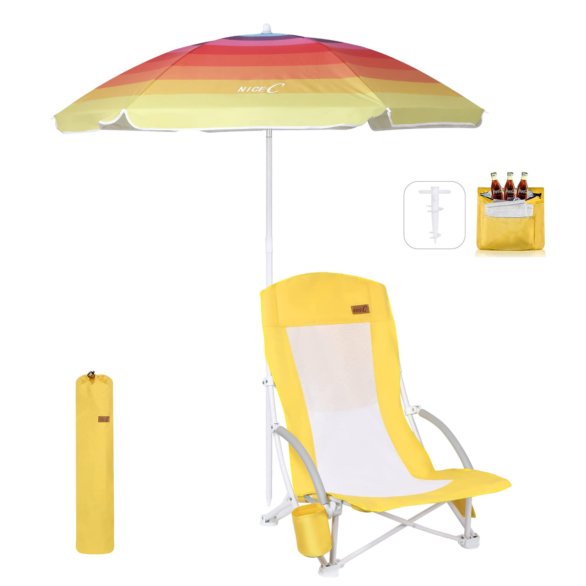 Nice C beach chair with umbrella offers shade and ergonomic support.