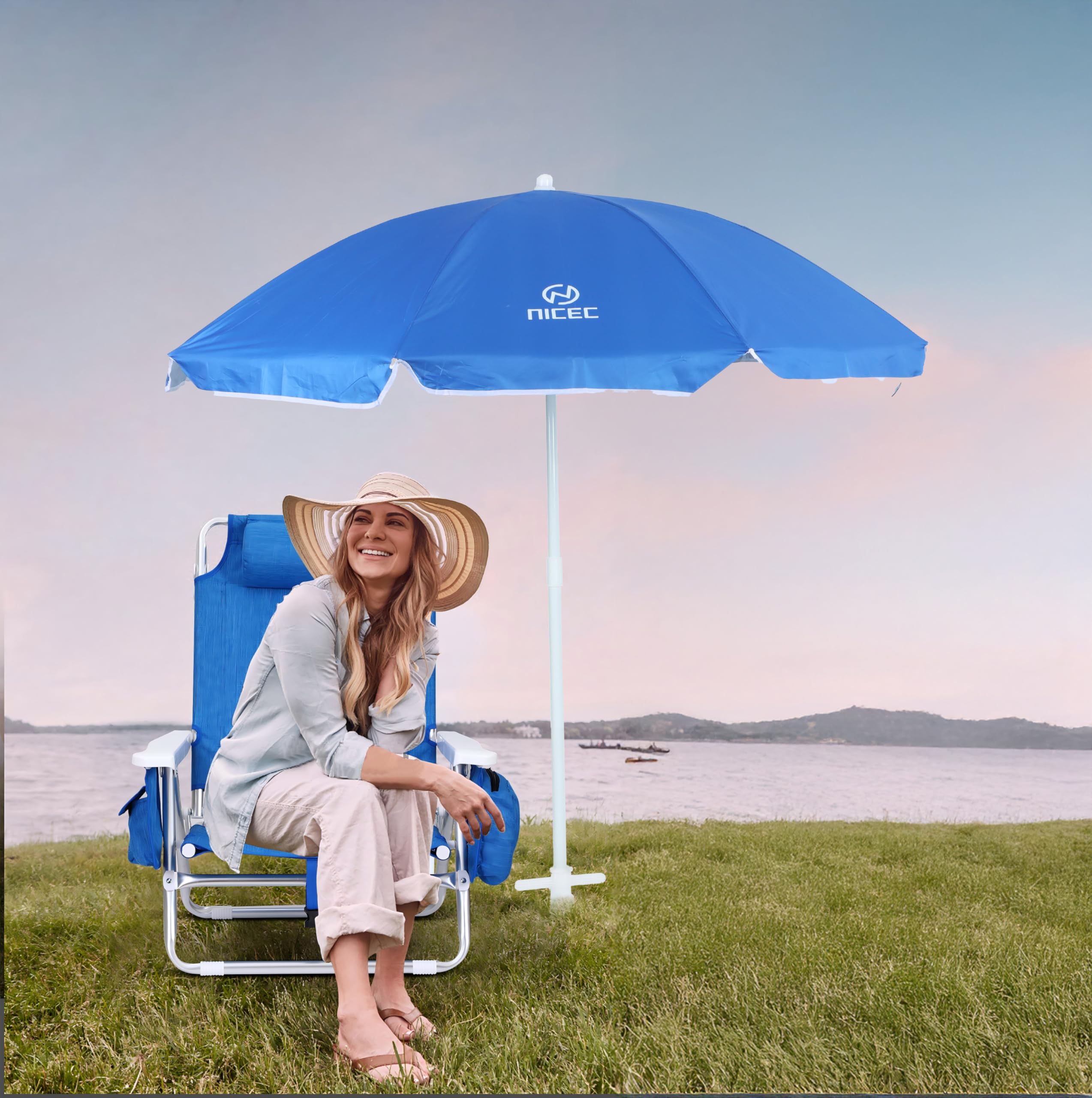 Nice C blue chair offers canopy shade for outdoor sun protection
