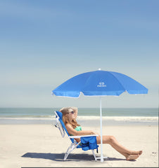Nice C blue backpack beach chair with umbrella providing shade