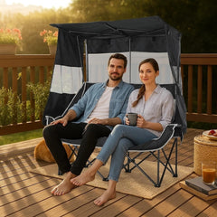 Nice C camping chair shows built in cooler bag and dual cup holders