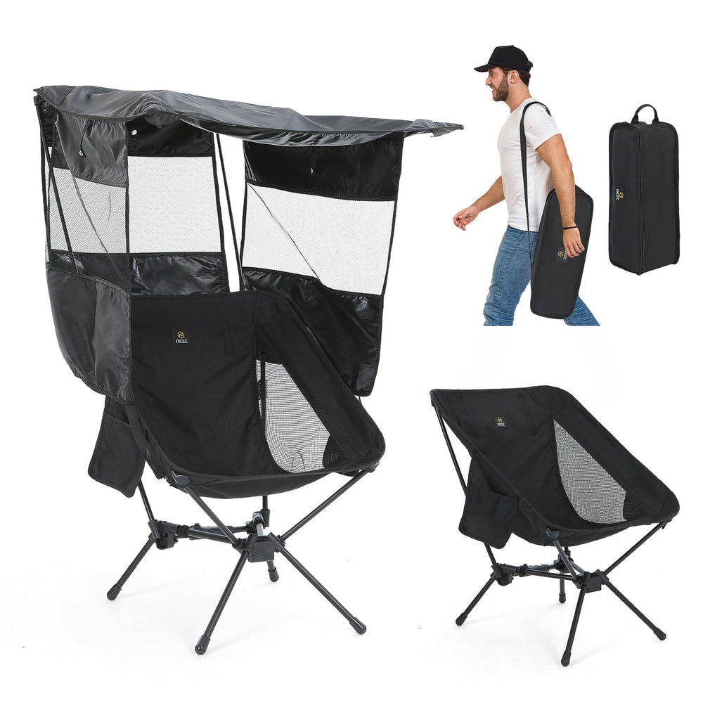 Nice C camping chair with canopy open provides shade on a sunny beach.