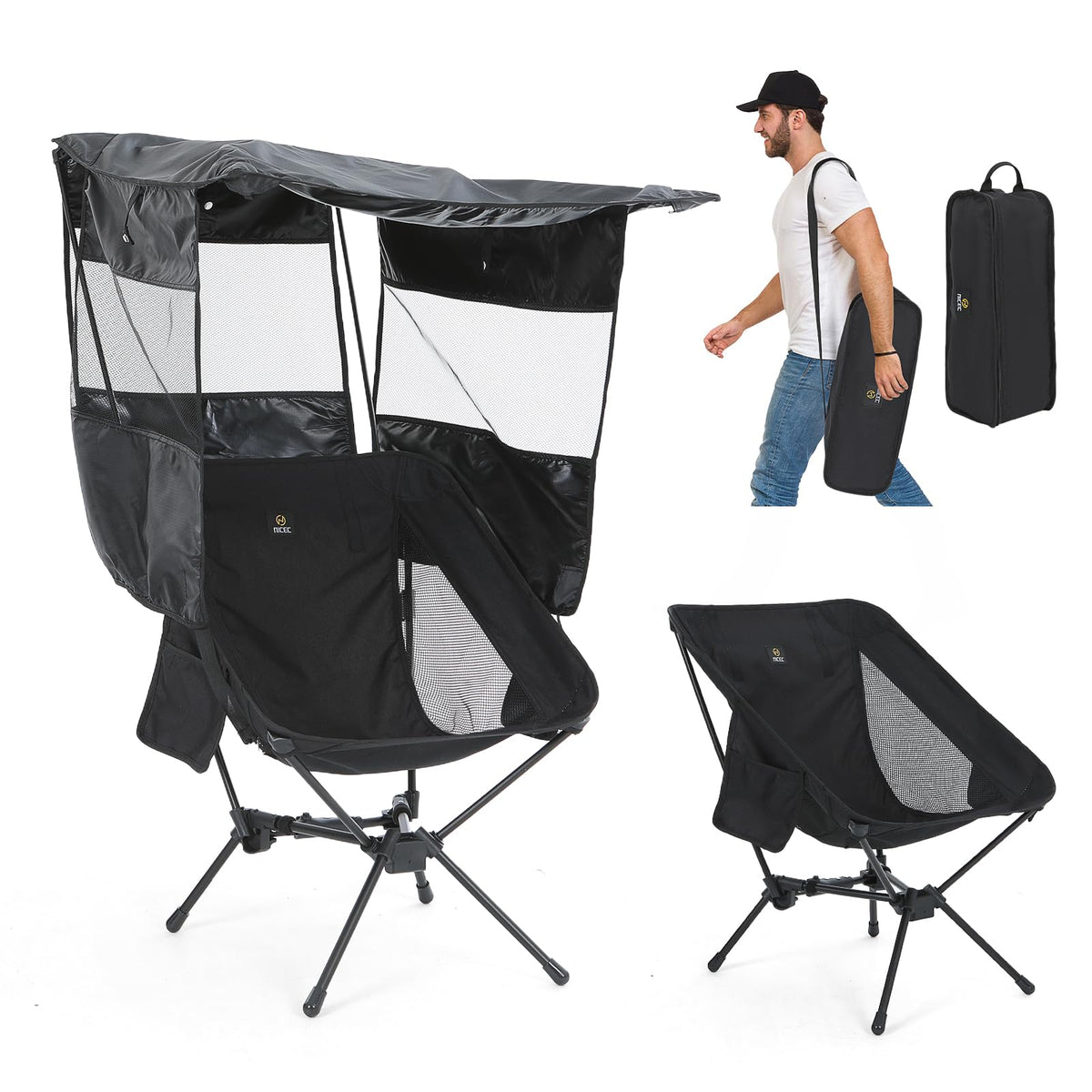 Nice C camping chair with canopy open provides shade on a sunny beach.
