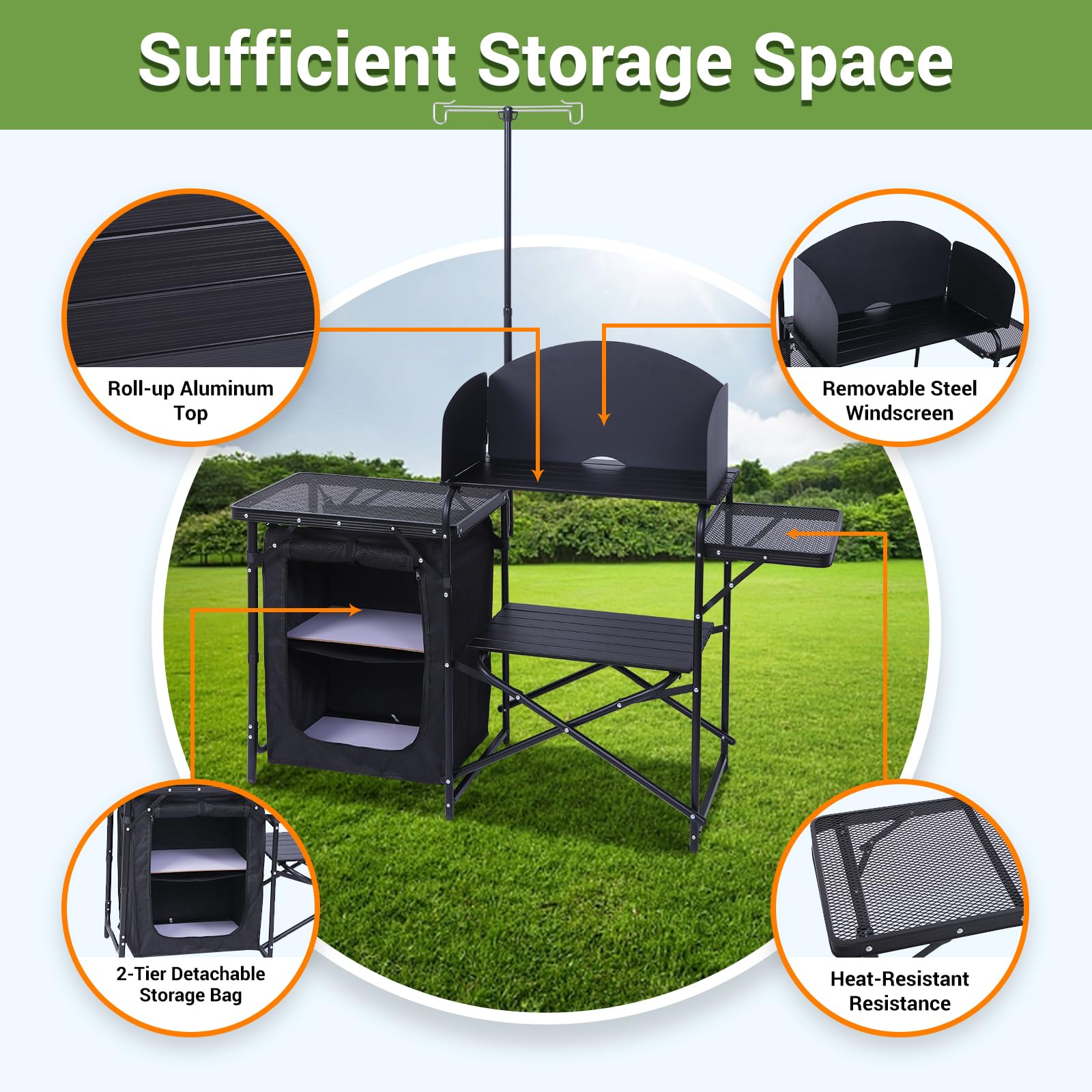 Nice C camping kitchen station detachable-organizer shows organized storage under the table.
