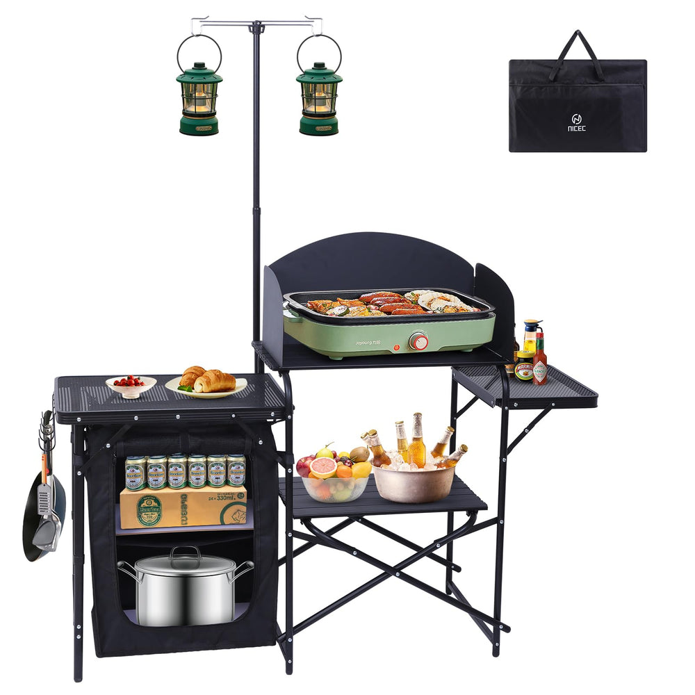 Nice C camping kitchen station full setup shows outdoor cooking-ready setup for gatherings.
