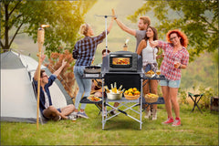 Nice C Camping Kitchen Station windshield blocks wind during outdoor grilling.