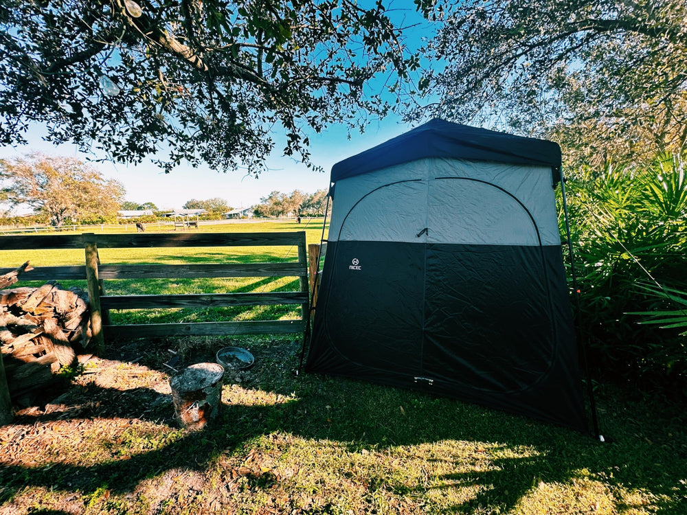 Nice C privacy enclosure demonstrates easy shower access outdoors