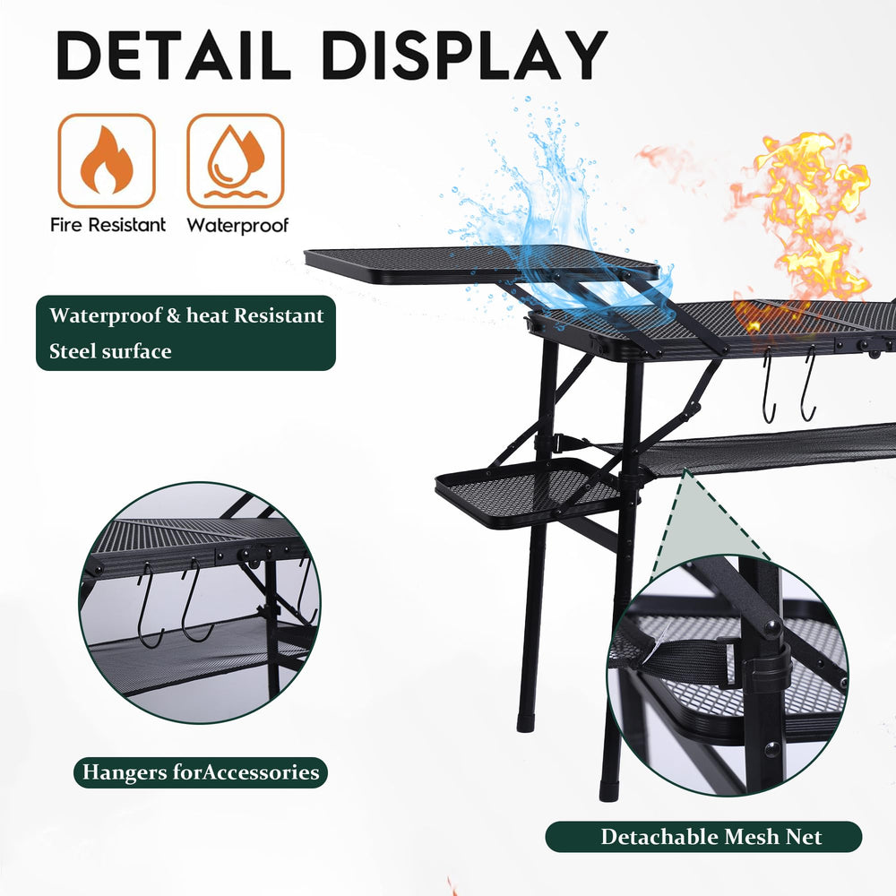 Nice C camping table aluminum top close-up highlighting heat-safe cooking surface.