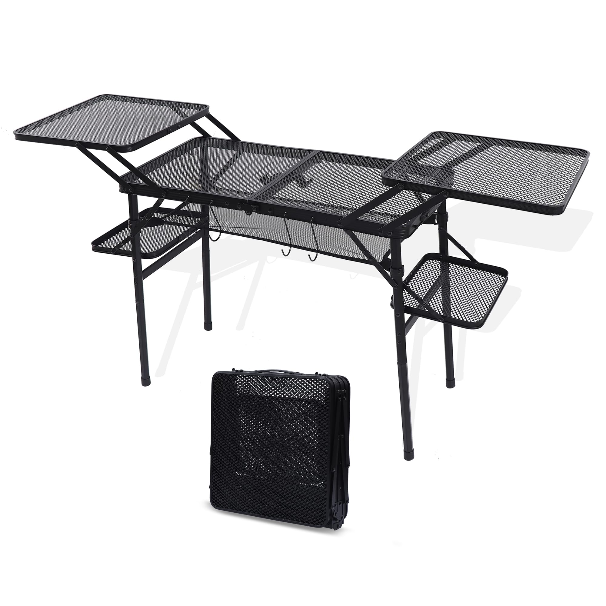 Nice C camping table assembled with side tables offers extra workspace for outdoor cooking.