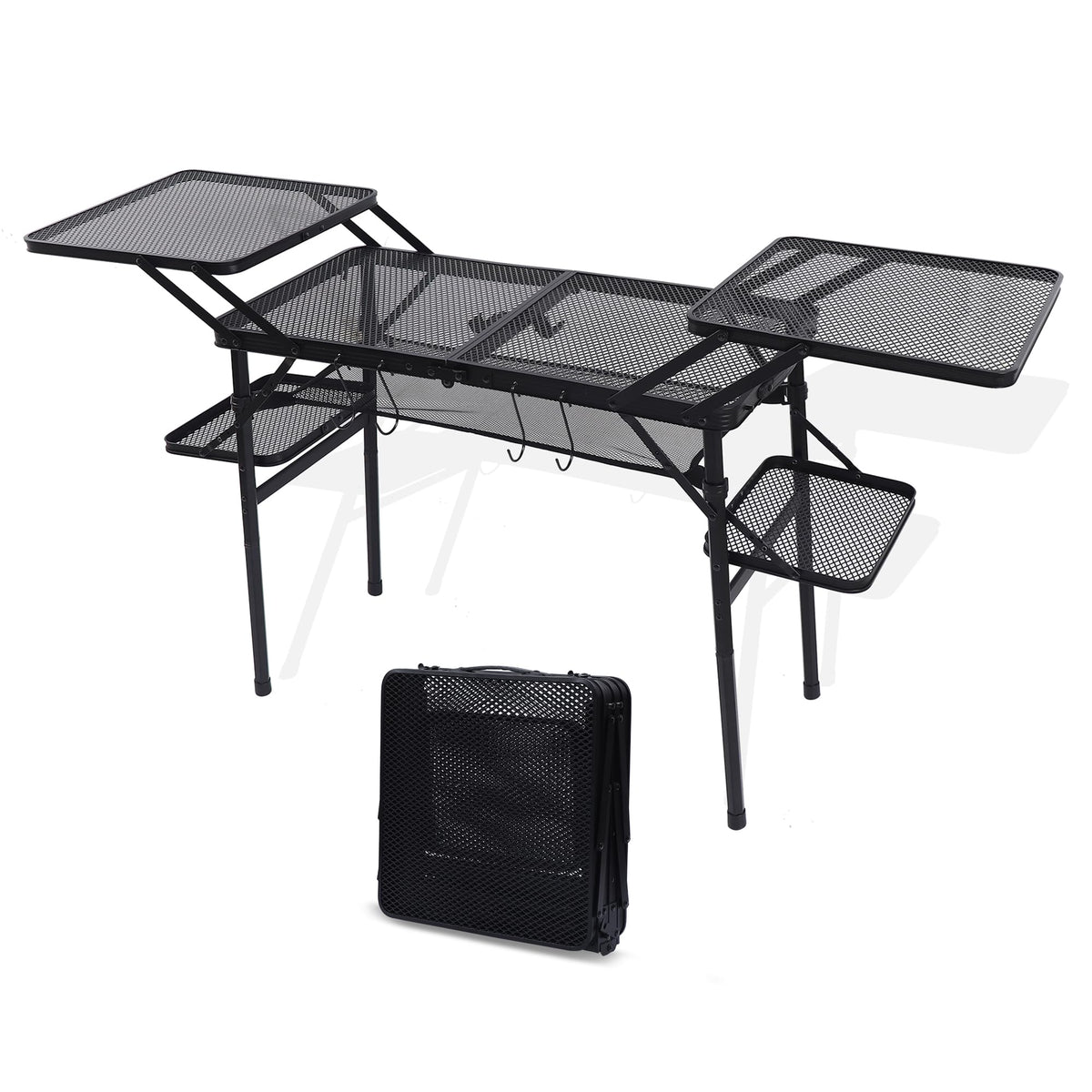 Nice C camping table assembled with side tables offers extra workspace for outdoor cooking.