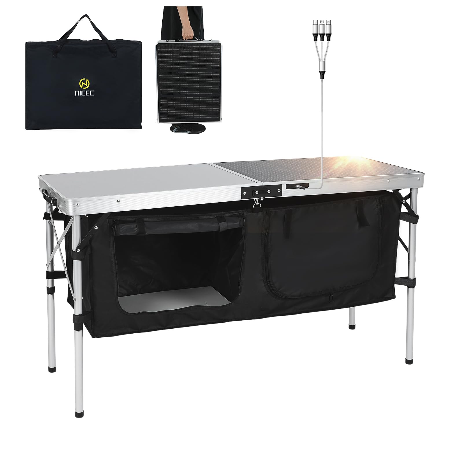 Nice C camping table with solar panel powers devices outdoors without outlets.