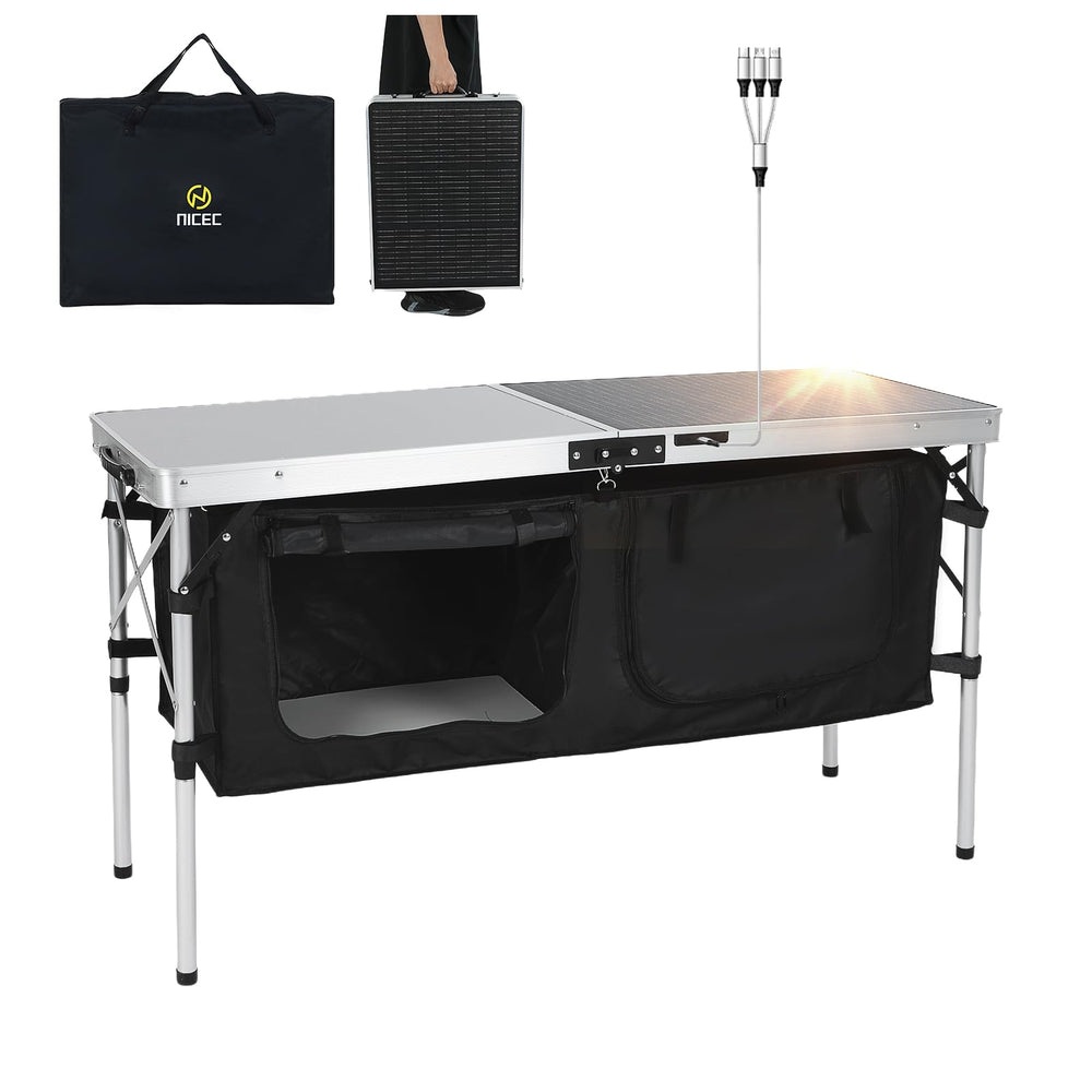 Nice C camping table with solar panel powers devices outdoors without outlets.