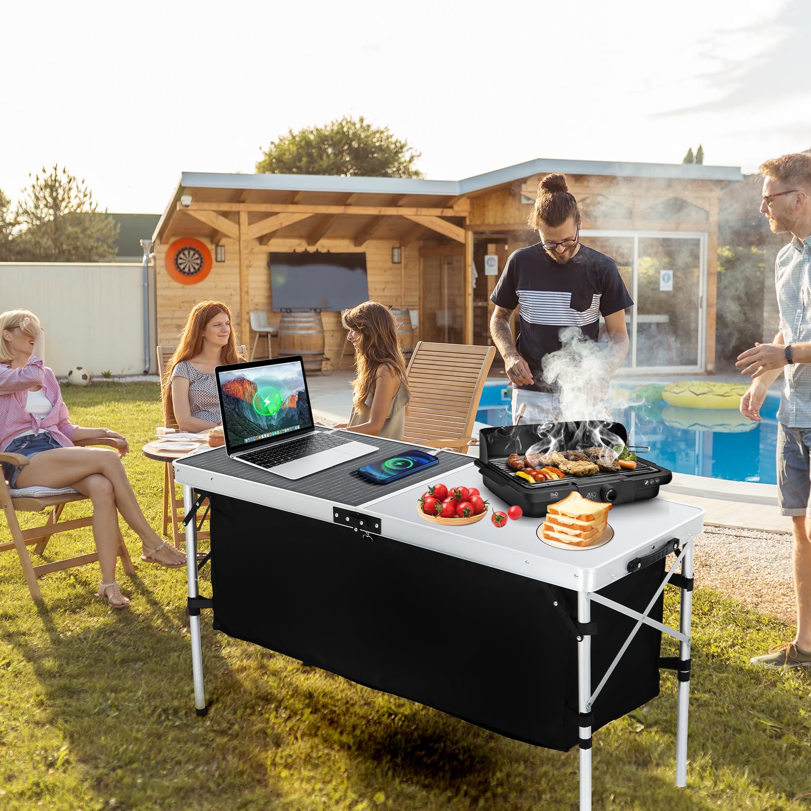 Nice C camping table with dual storage keeps cooking gear organized.