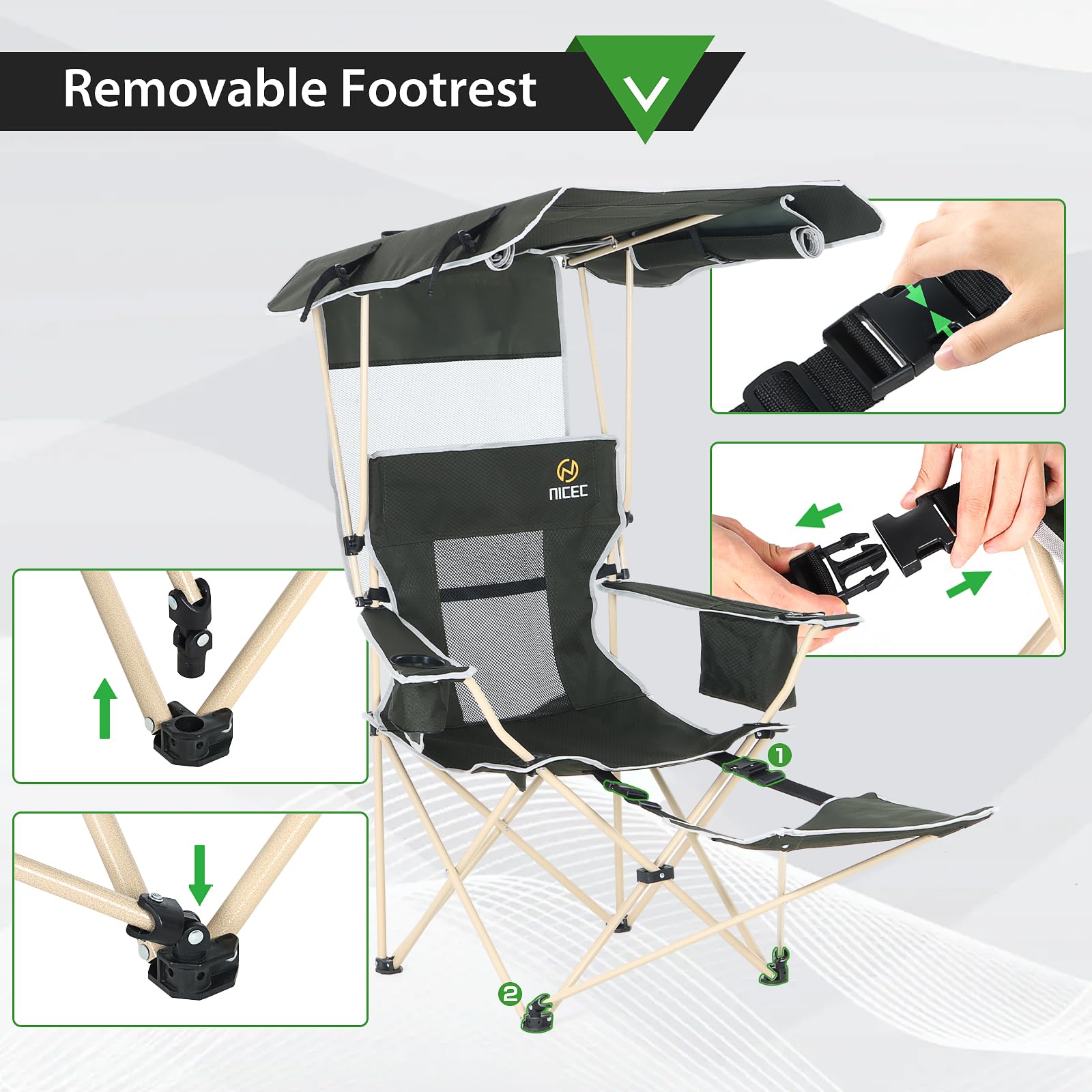 Nice C Chair with Canopy detachable footrest shows adjustable leg support.