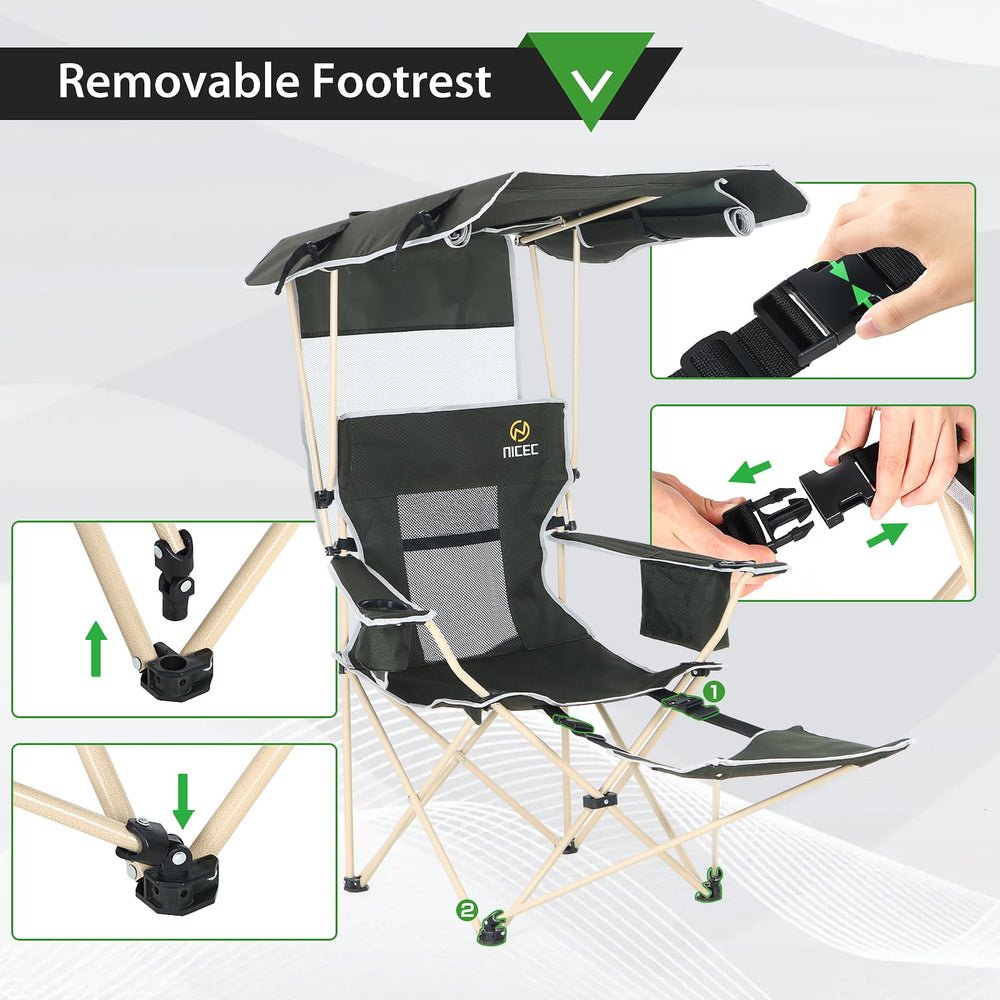 Nice C Chair with Canopy detachable footrest shows adjustable leg support.