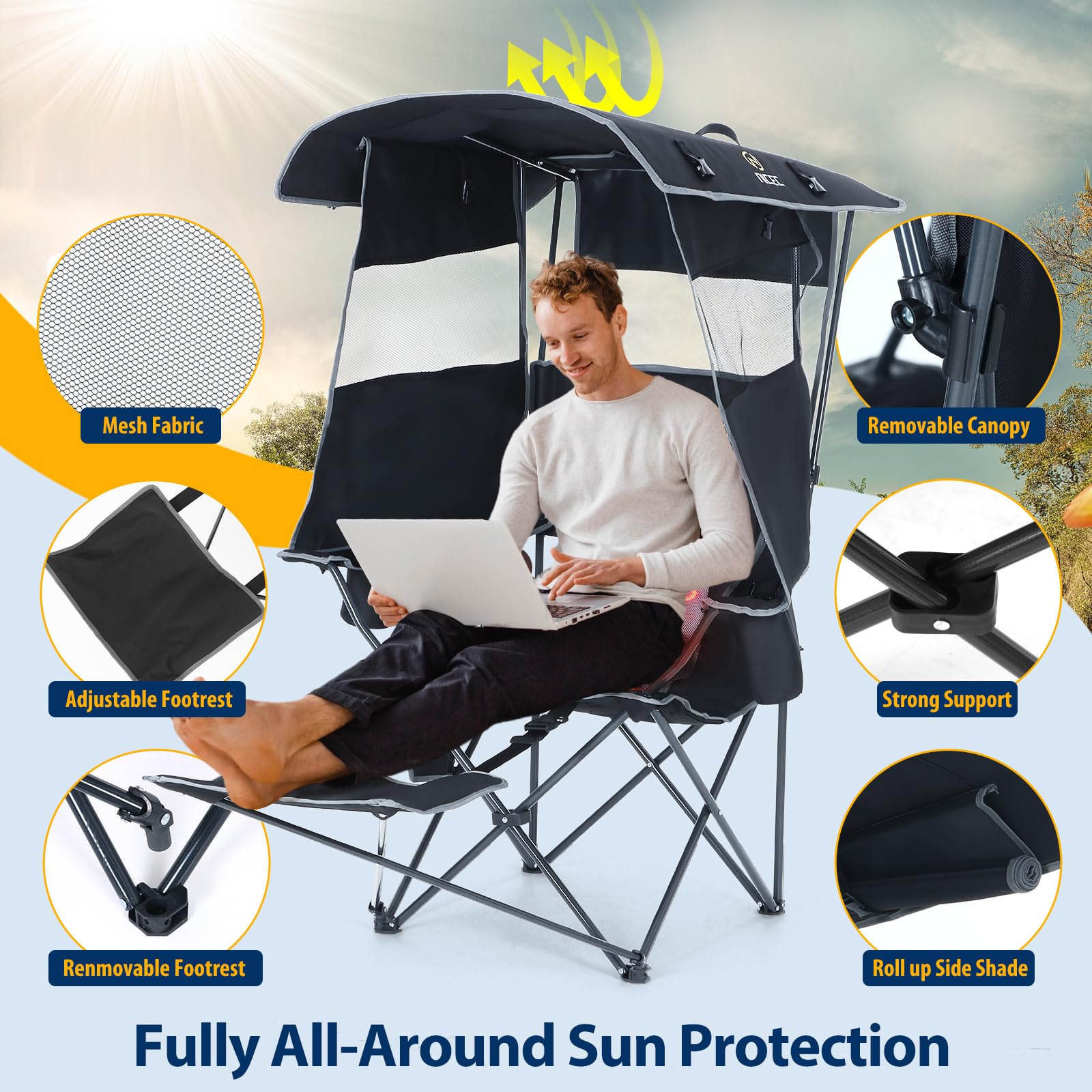 Nice C Chair detachable sun shade provides portable shade for sunny days.