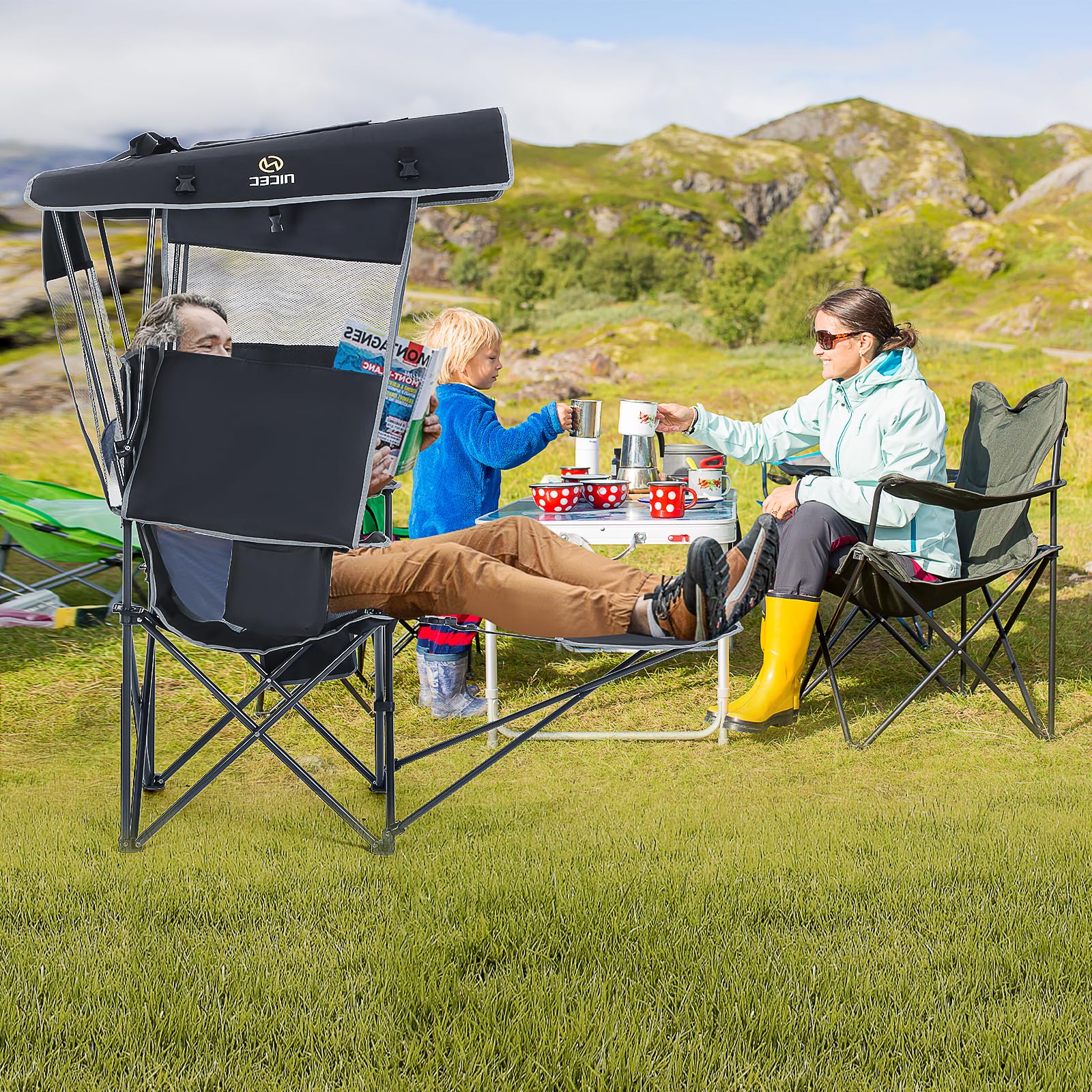 Nice C Chair spacious seat and canopy create comfortable outdoor lounging.