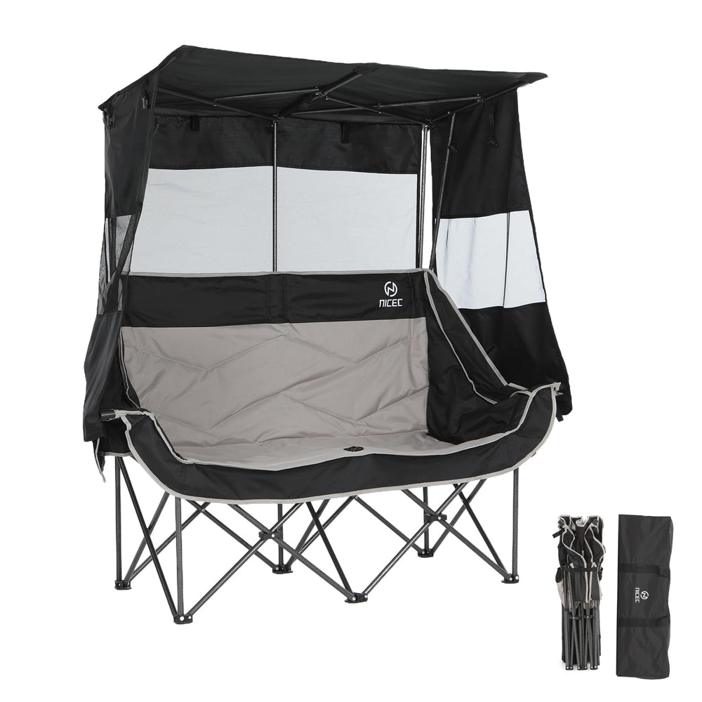 Nice C double camping chair with canopy shading two people at the beach