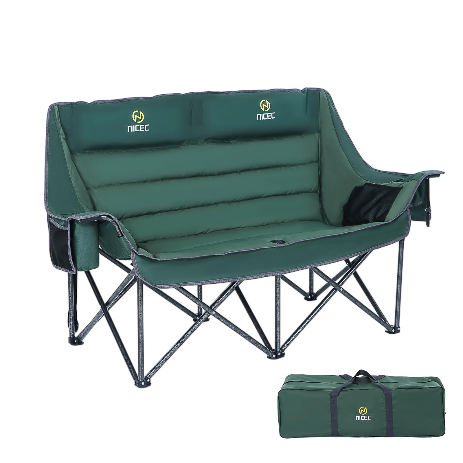 Nice C double padded camping chair front view shows extra-wide two-person seating