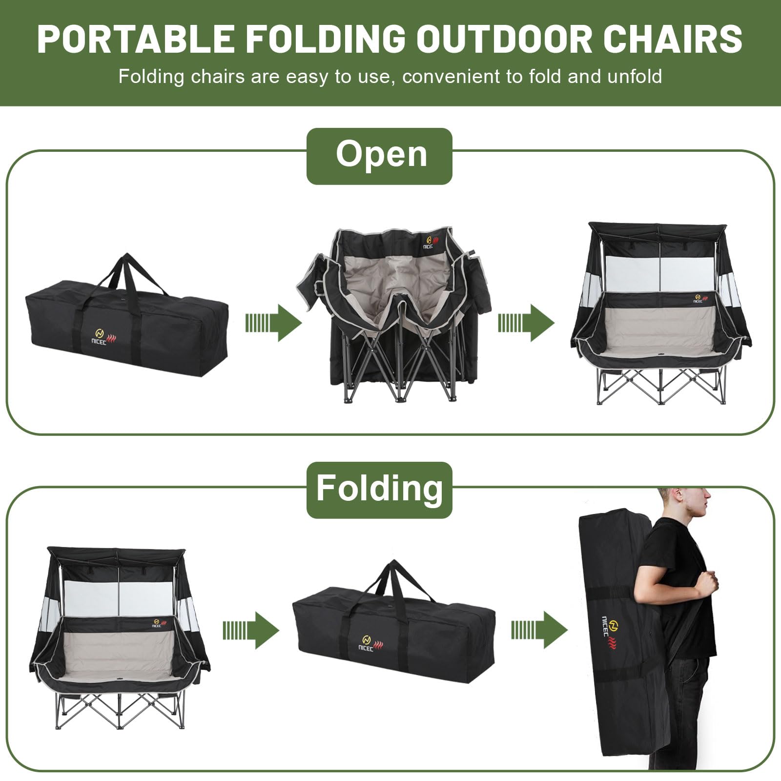 Nice C heated canopy chair demonstrates easy transport in a compact foldable carry bag.