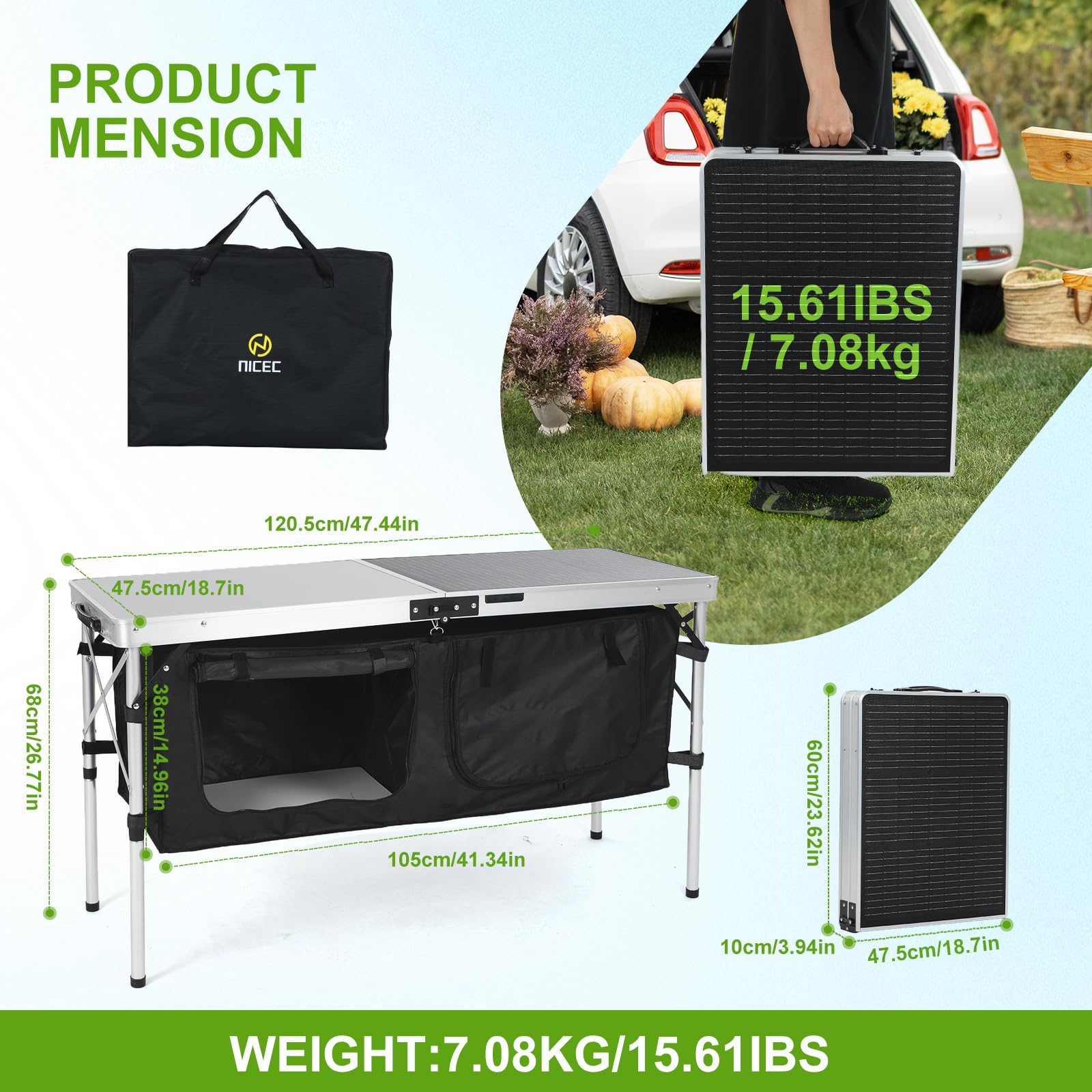 Nice C foldable table with built-in carry handle for easy transport.