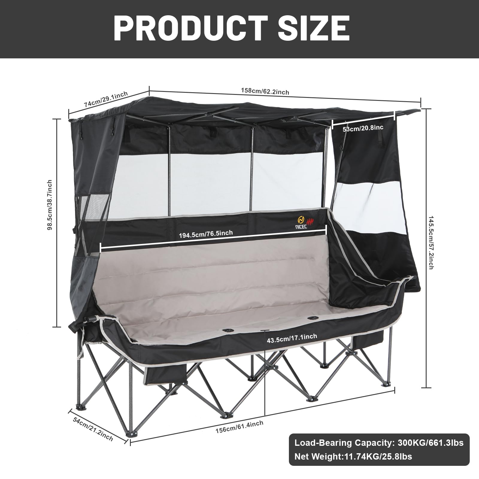 Nice C heated 3-person chair canopy extended for shade and wind protection.