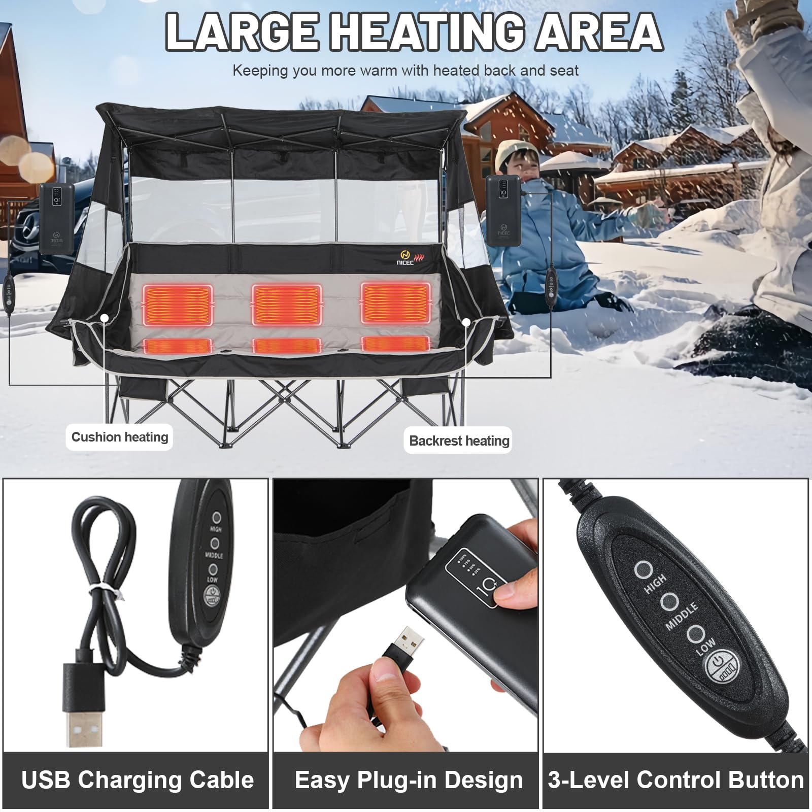 Nice C heated 3-person chair cup holder area for drinks within reach.