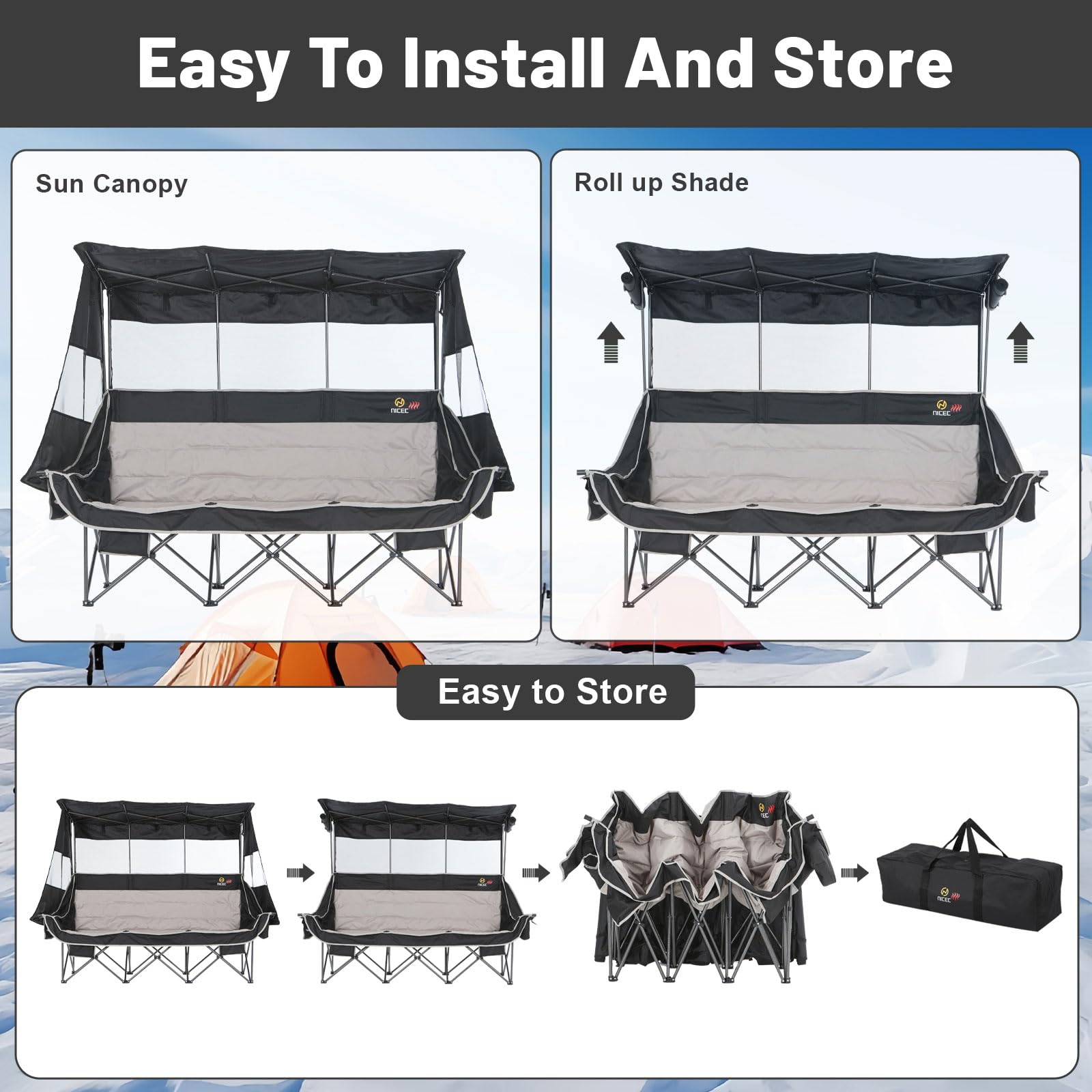 Nice C heated 3-person chair shade and canopy for privacy.