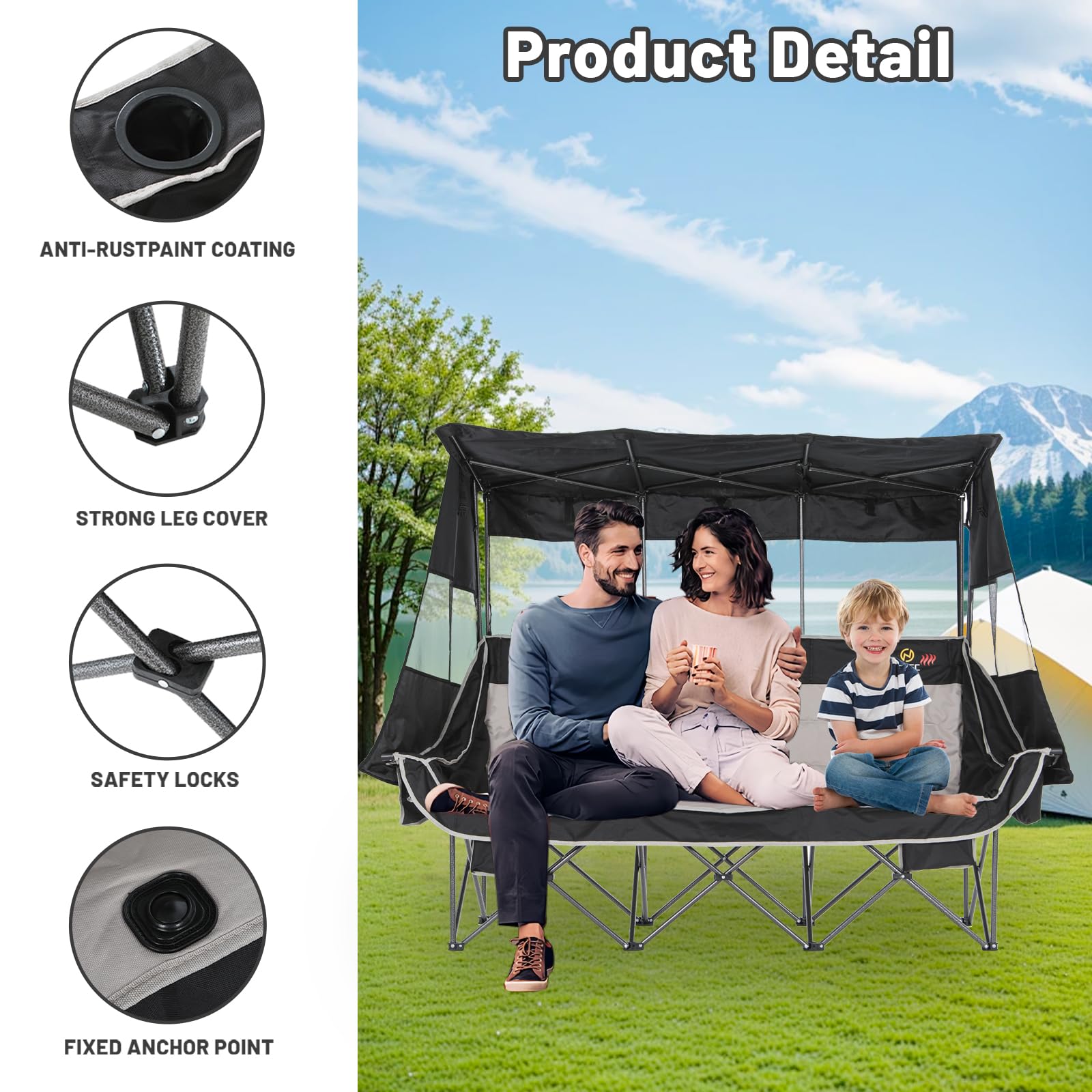 Nice C heated 3-person chair side view showing space for three.