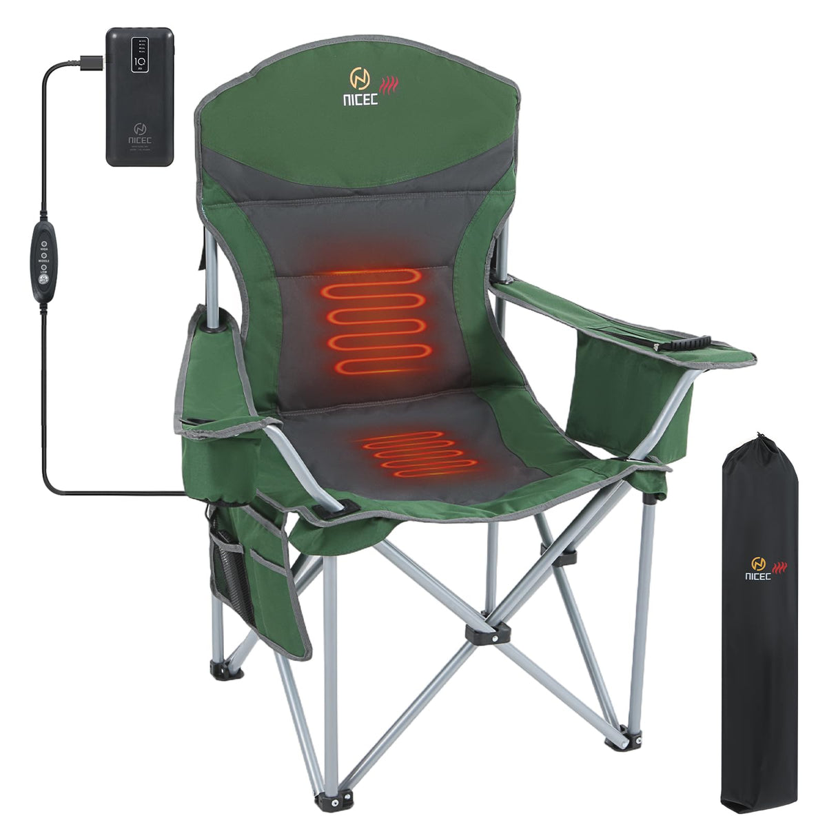 Nice C heated camping chair with battery powering warmth during chilly nights.