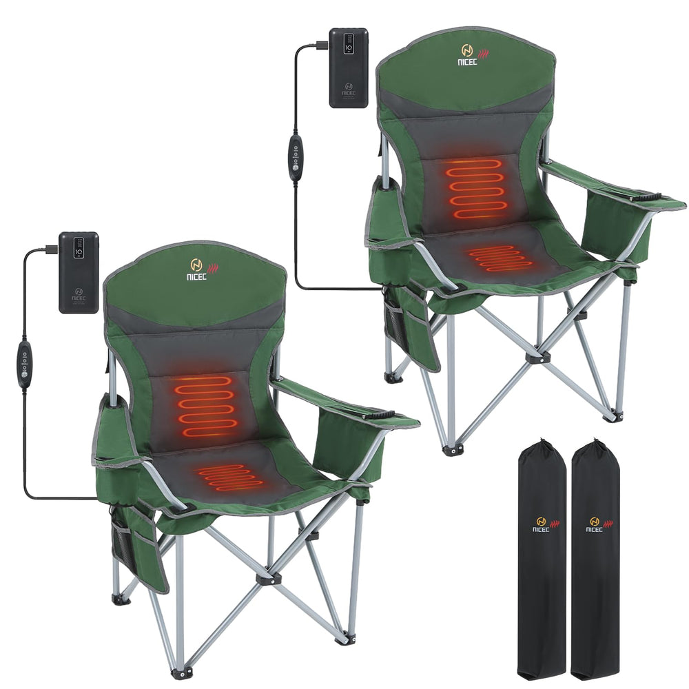 Nice C heated camping chair front view highlighting instant warmth and ergonomic support.
