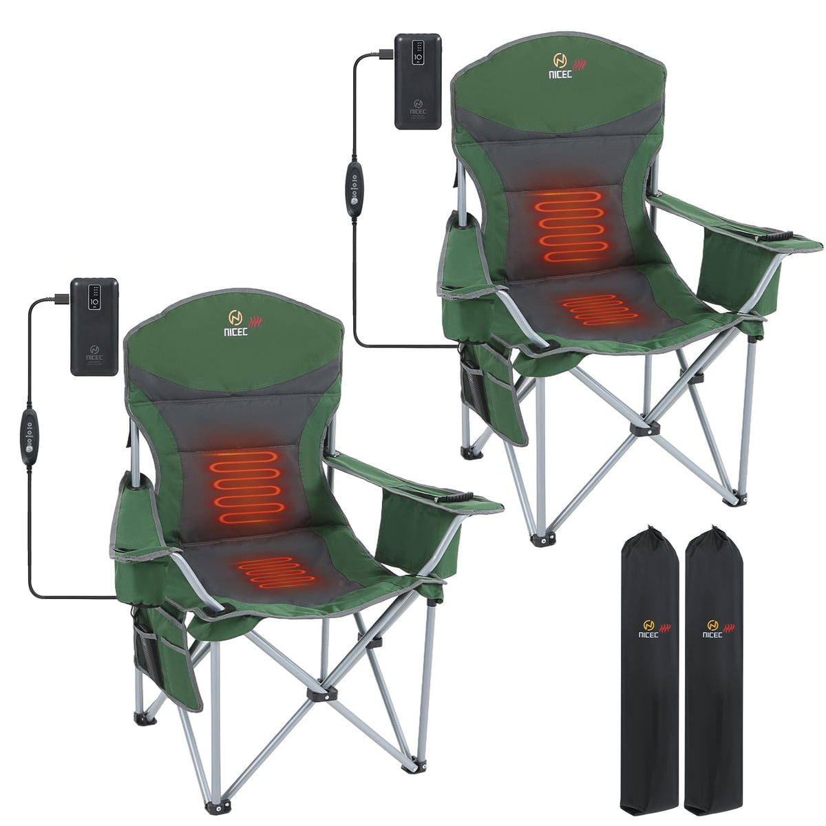 Nice C heated camping chair front view highlighting instant warmth and ergonomic support.