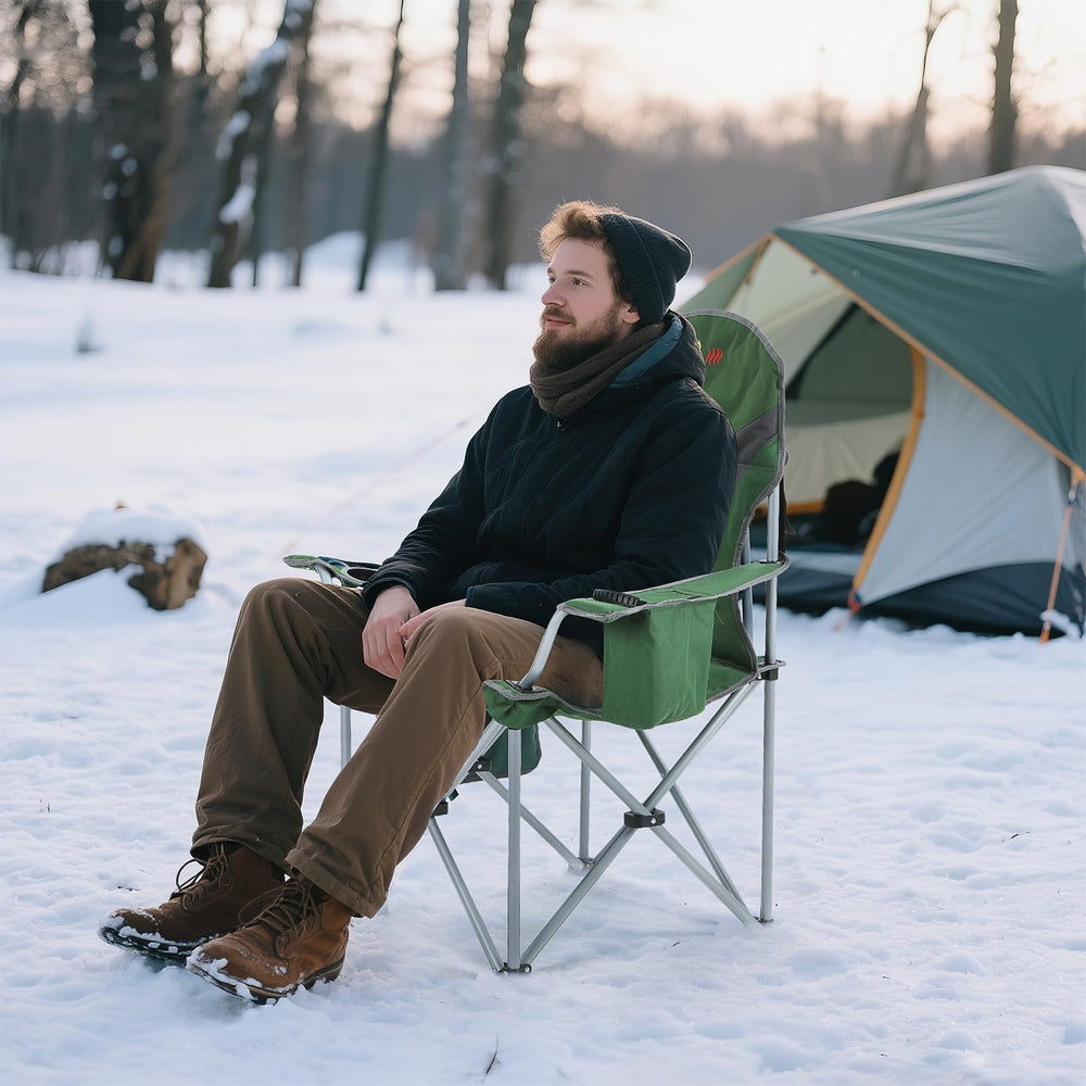 Nice C heated chair showing side pockets and cup holder for easy access outdoors.