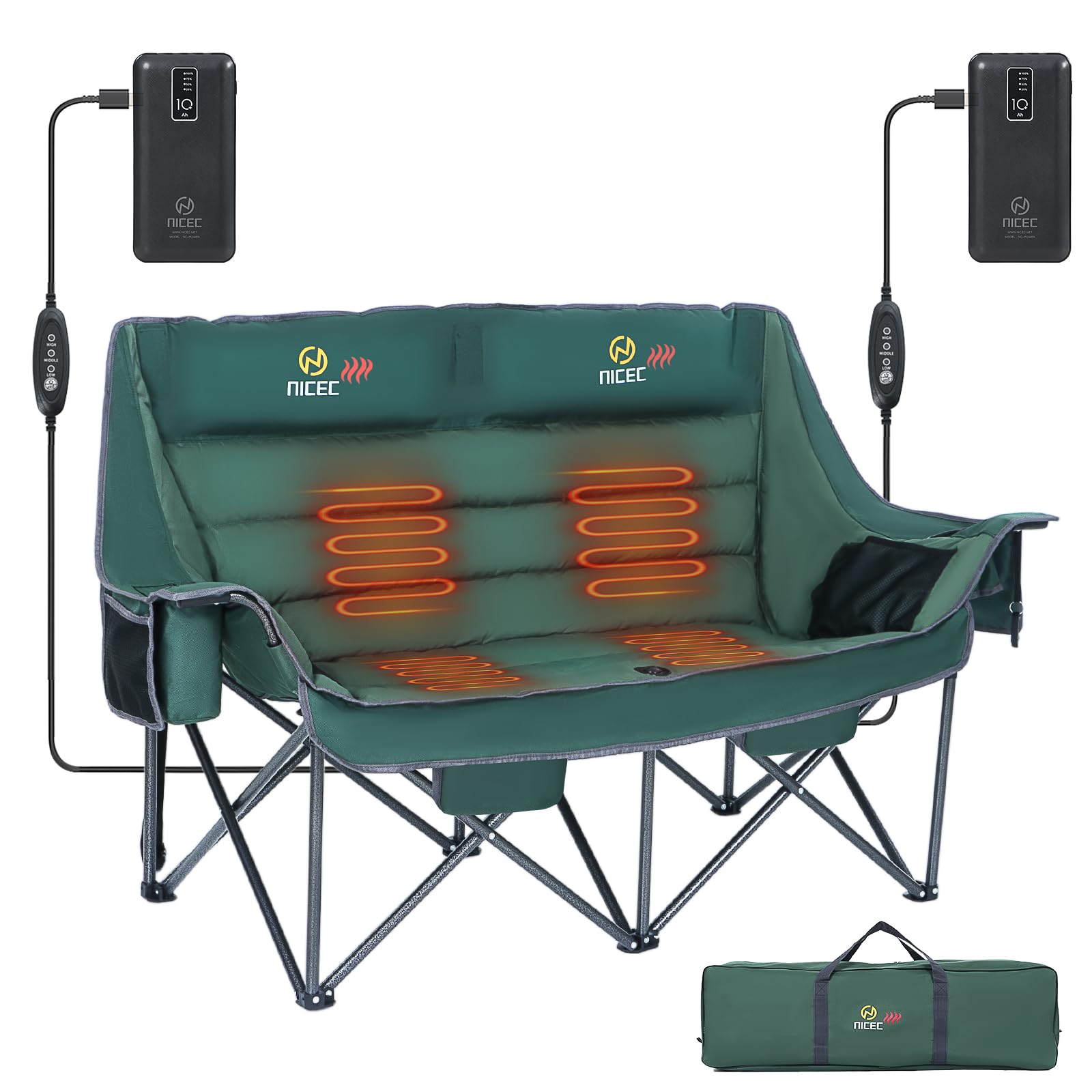 Nice C heated chair with dual power banks provides warmth on chilly camping trips.