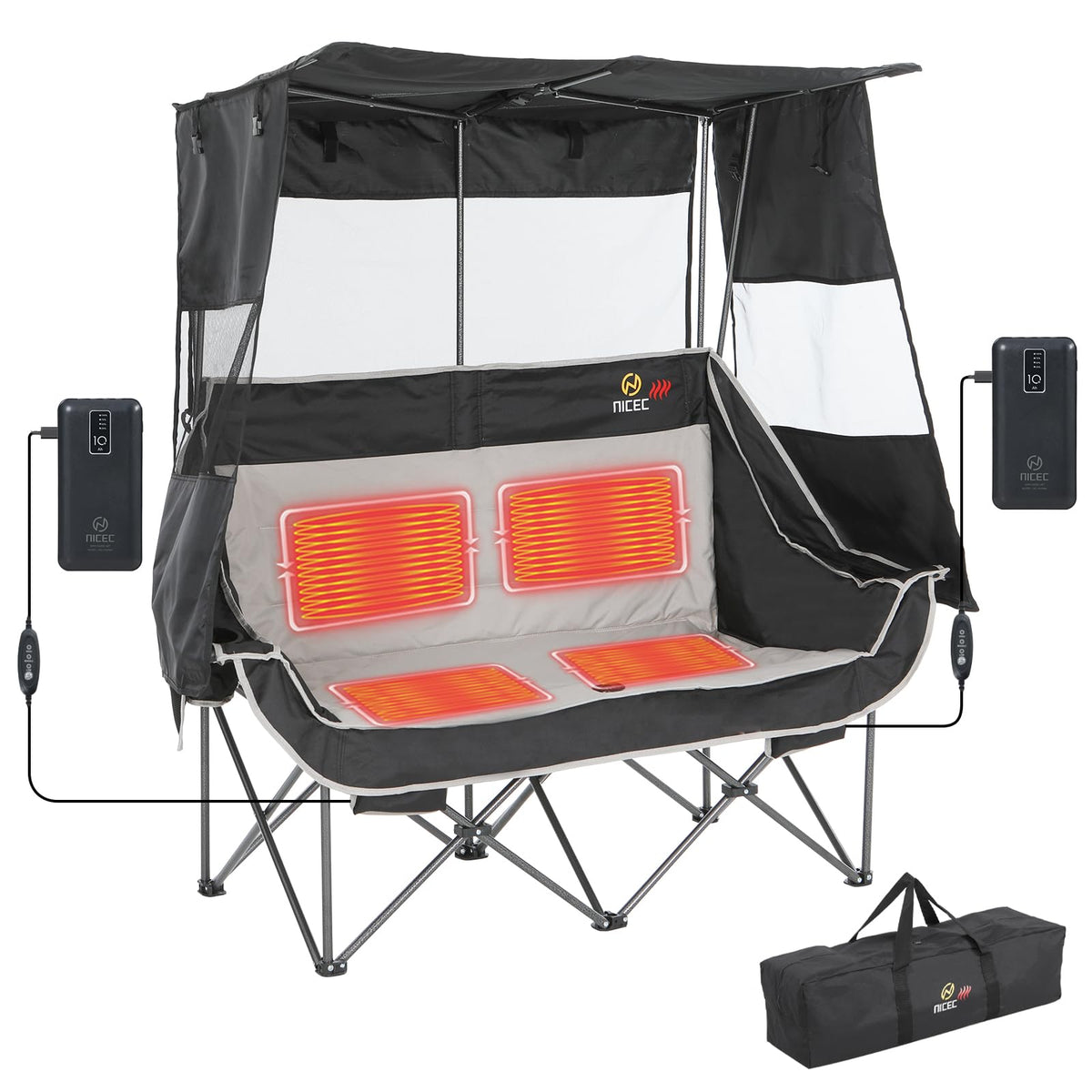 Nice C heated double camping chair with canopy provides cozy warmth for two outdoors.