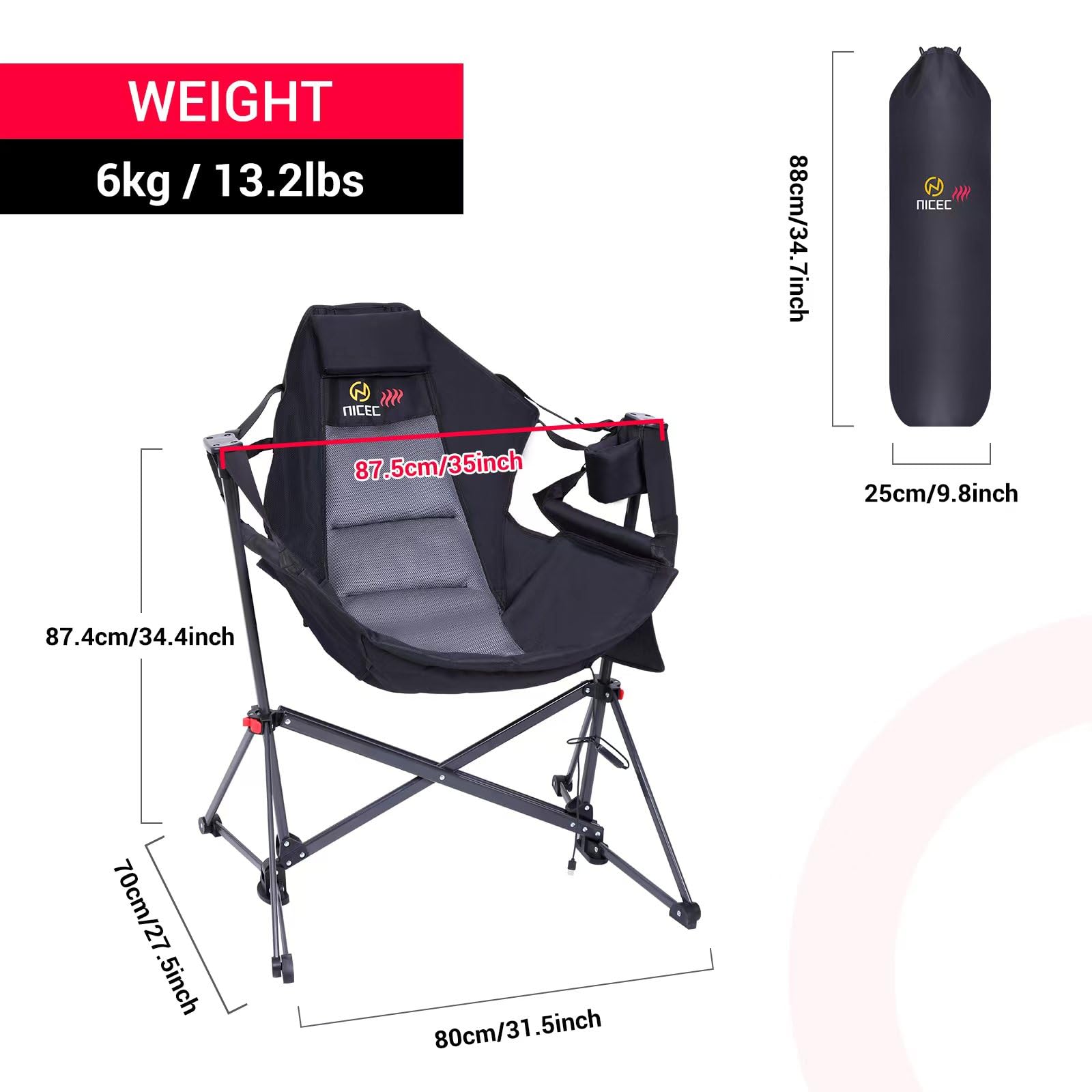 Nice C heated hammock chair featuring side pocket and cup holder.