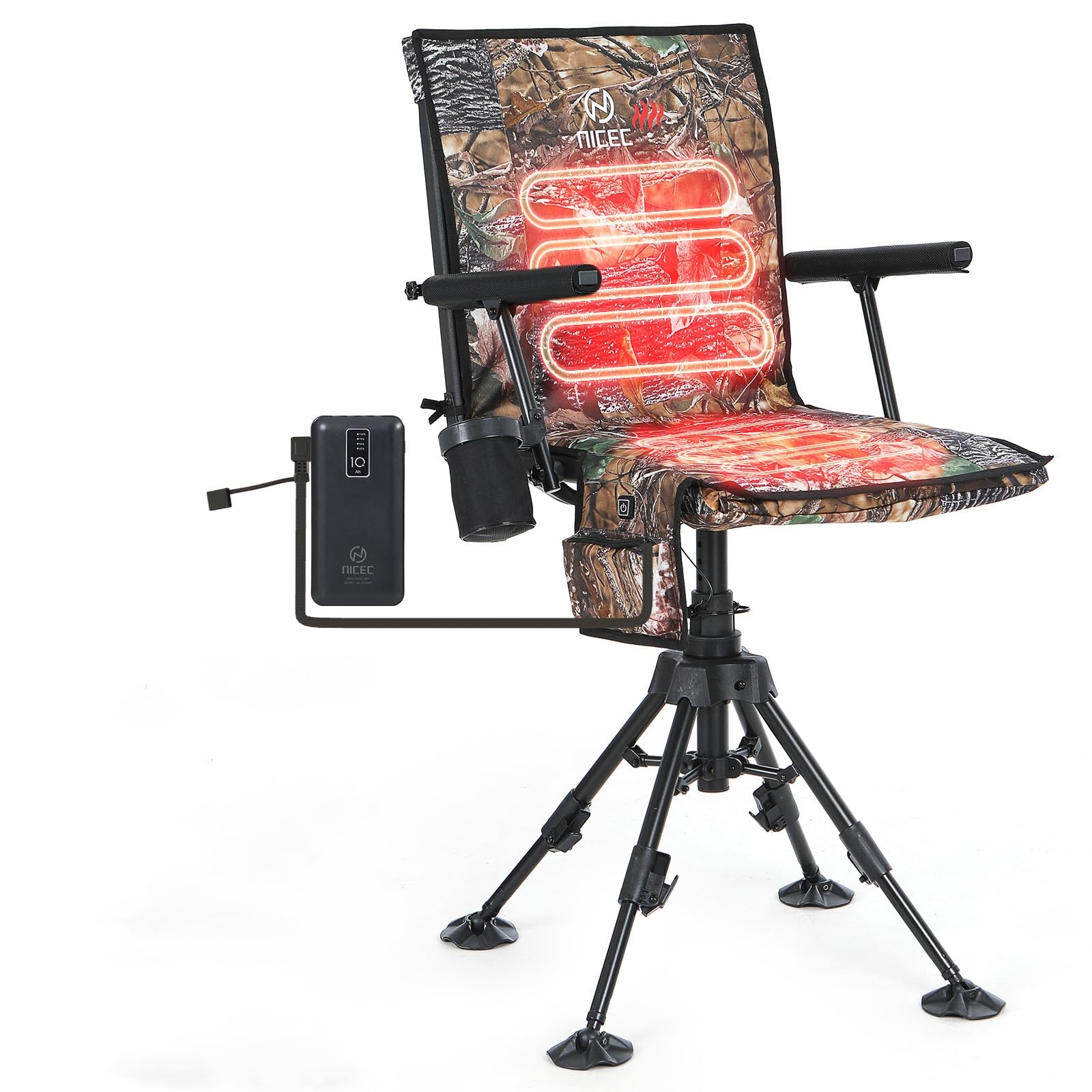 Nice C heated swivel blind chair showing 360-degree rotation for stealth hunting.