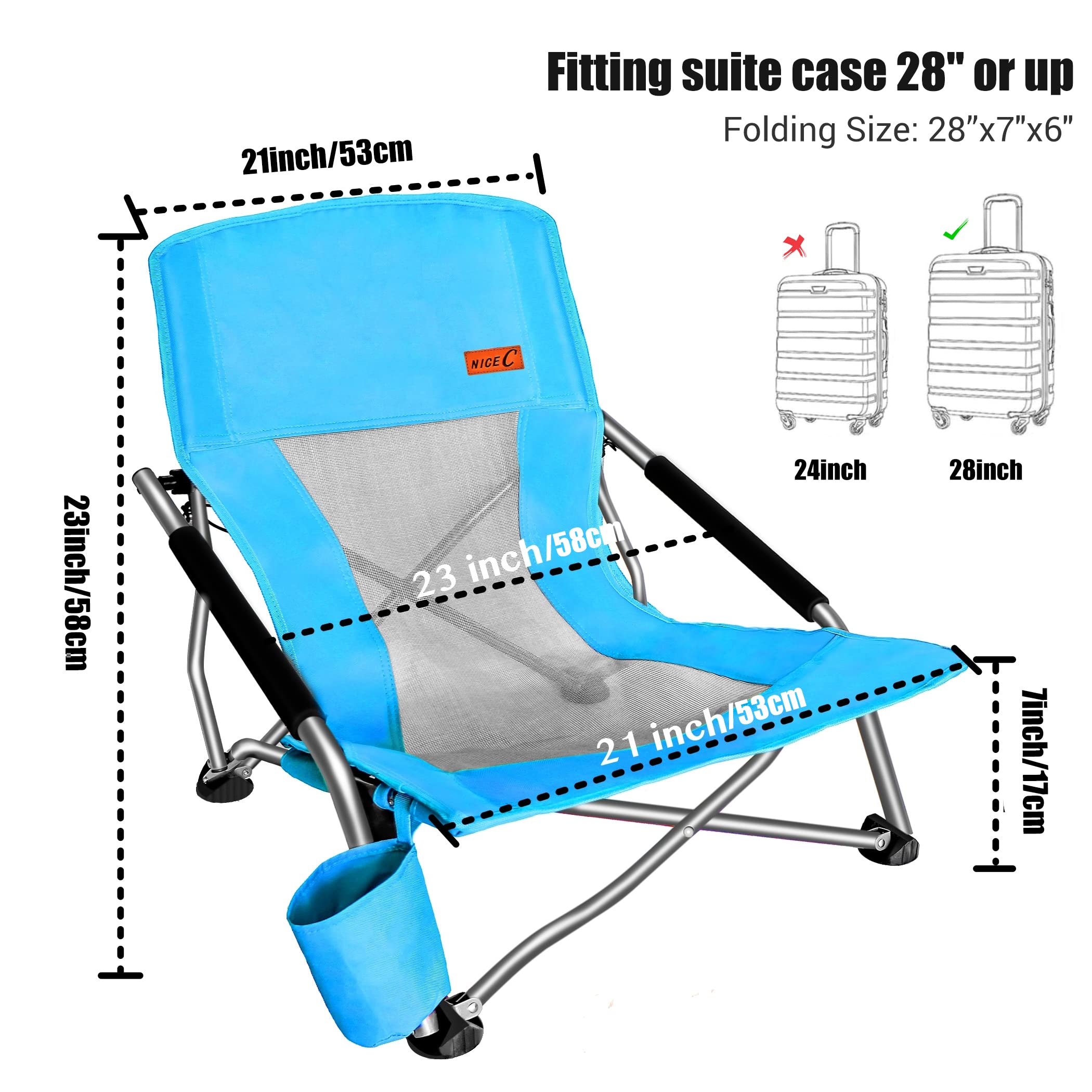 Nice C Low Beach Chair blue with carrying bag for portability