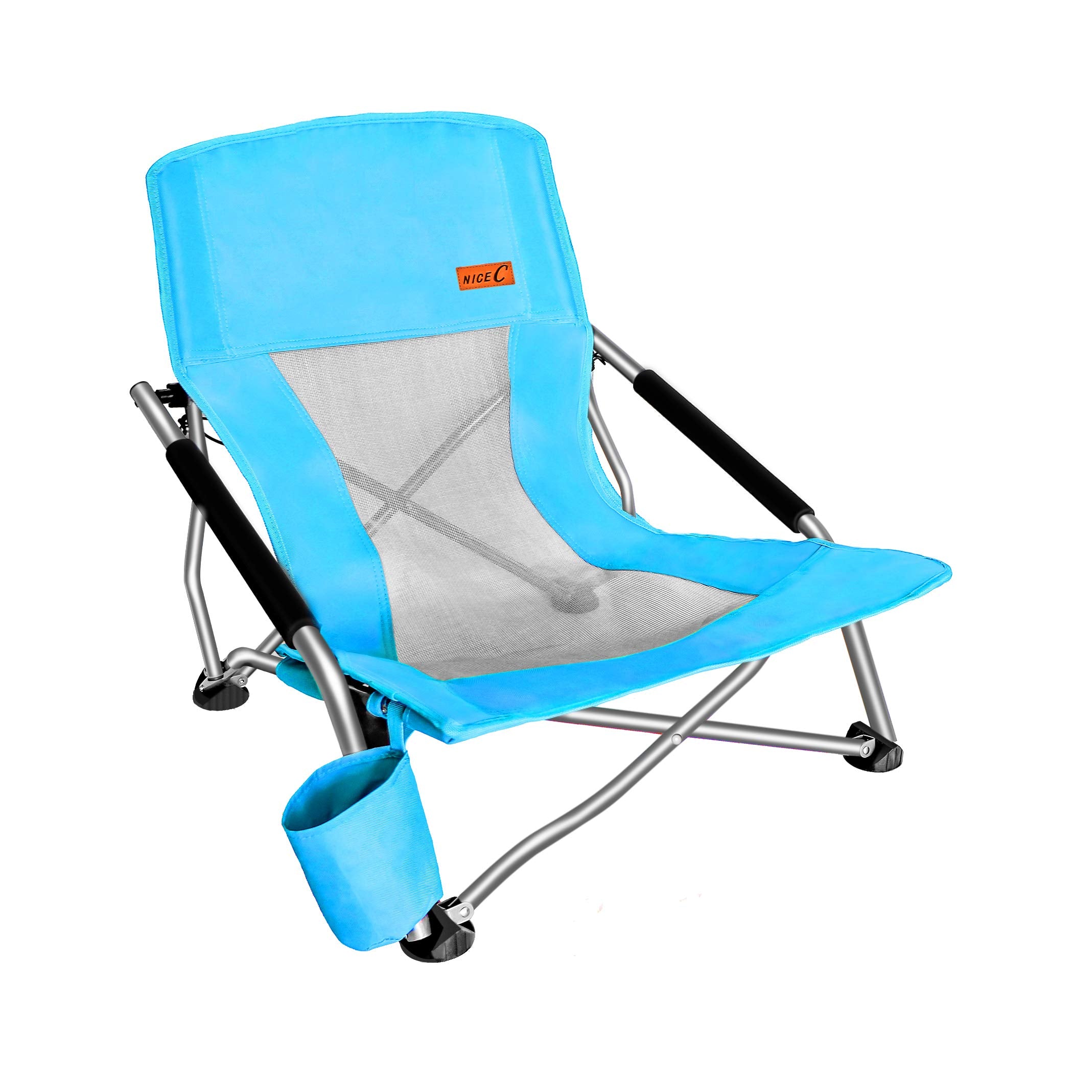 Nice C low beach chair folded blue portable seating for easy travel.