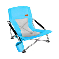 Nice C low beach chair folded blue portable seating for easy travel.