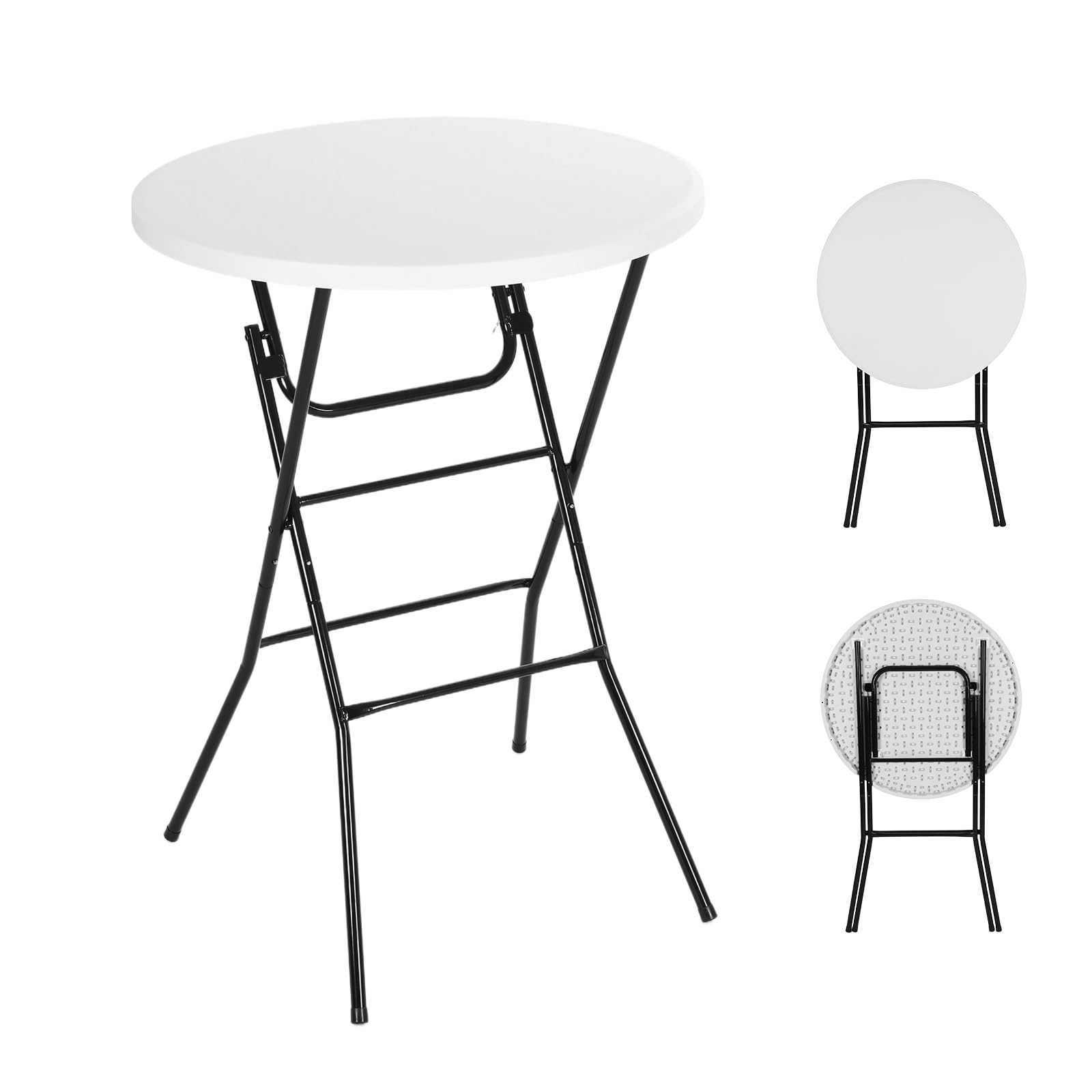 Nice C plastic high top round table in white, sturdy surface for outdoor gatherings.