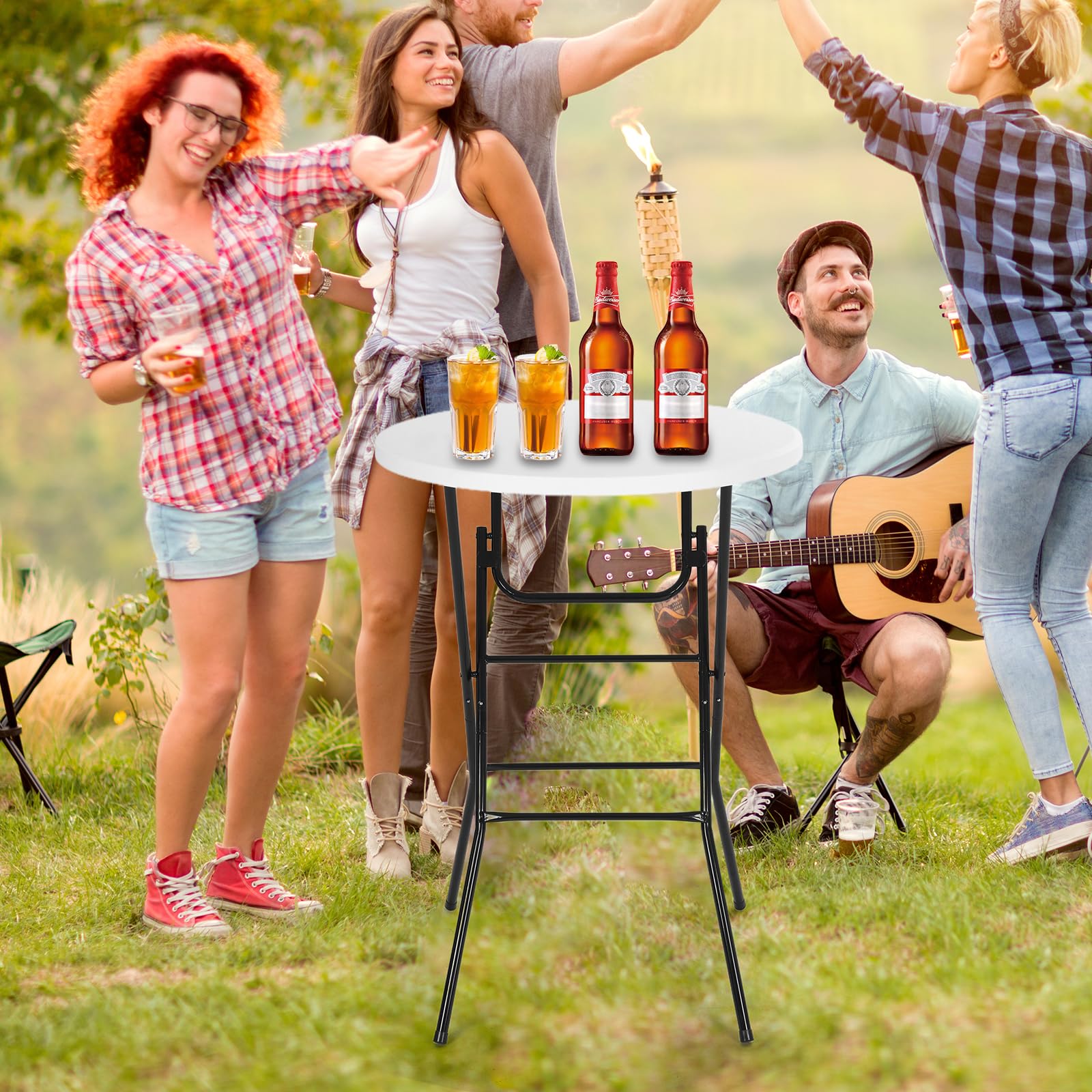 Nice C portable cocktail bar table, round top, easy setup for events.