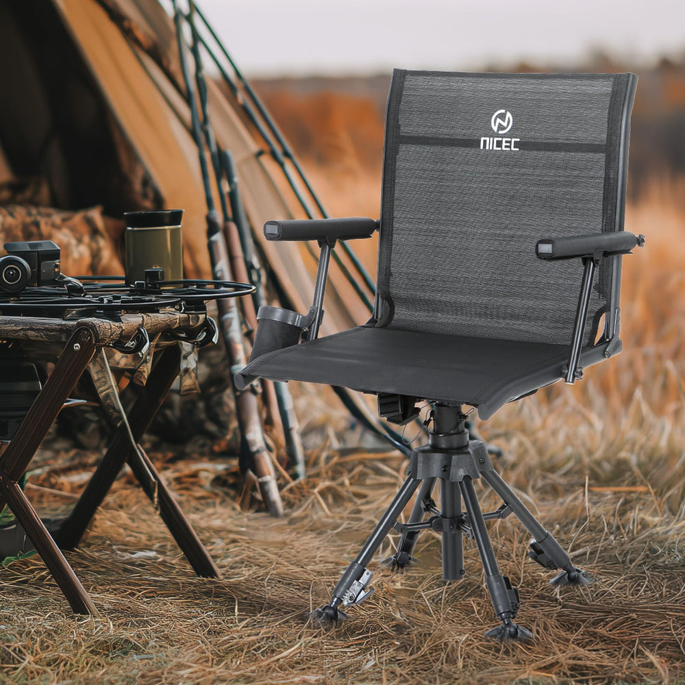 Nice C chair showing adjustable-height legs for optimal sightlines on uneven terrain