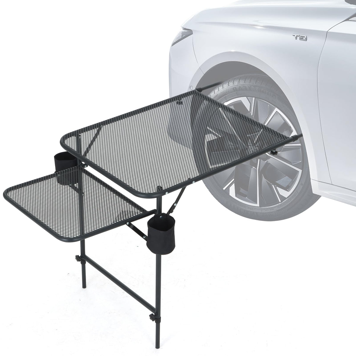 Nice C Tailgate Table attached to tire for a secure, hands-free workspace