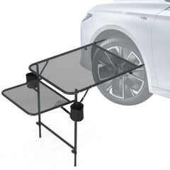 Nice C Tailgate Table attached to tire for a secure, hands-free workspace