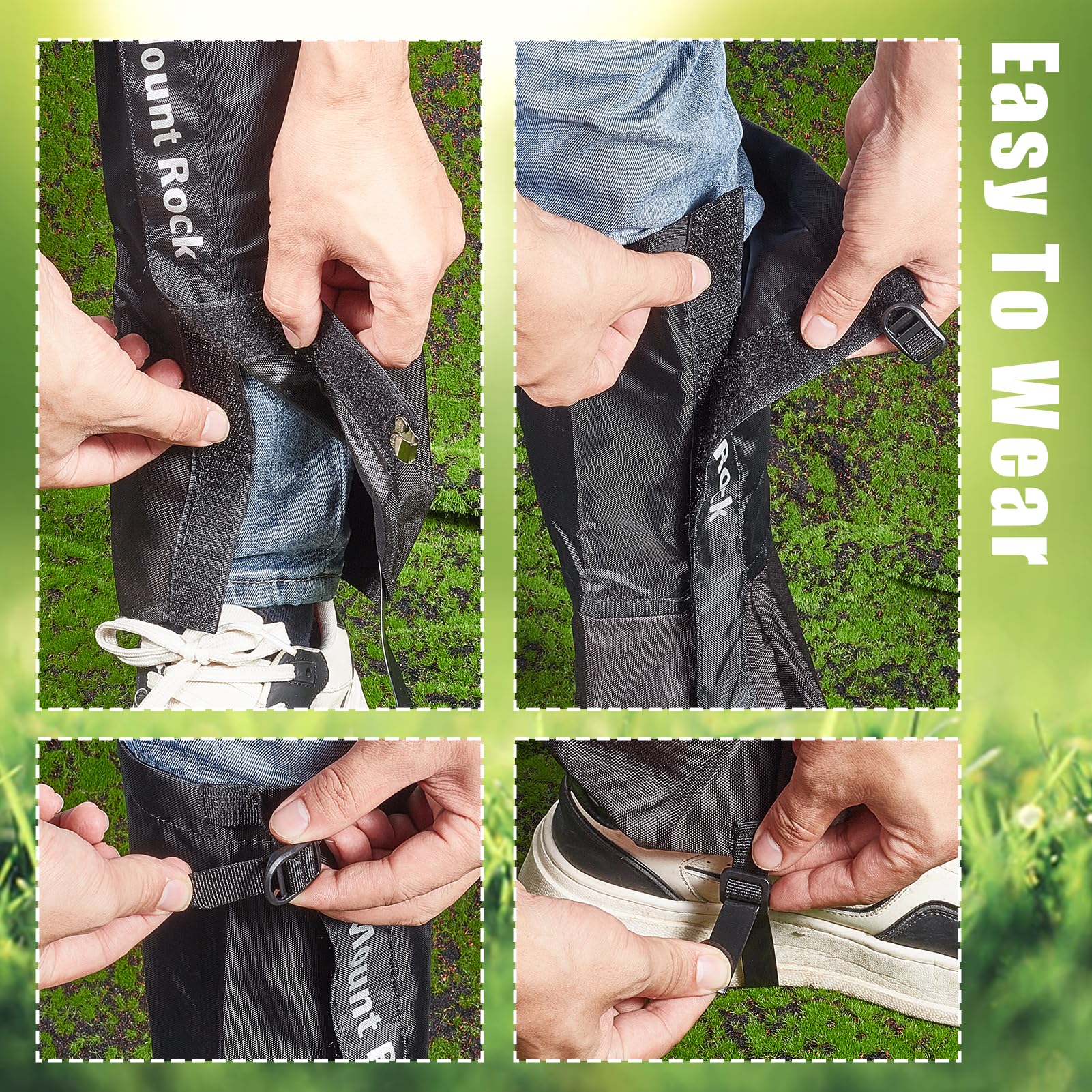 NICENEEDED Trimmer Brush Leg Gaiters highlight the bottom snap hook for quick attachment.